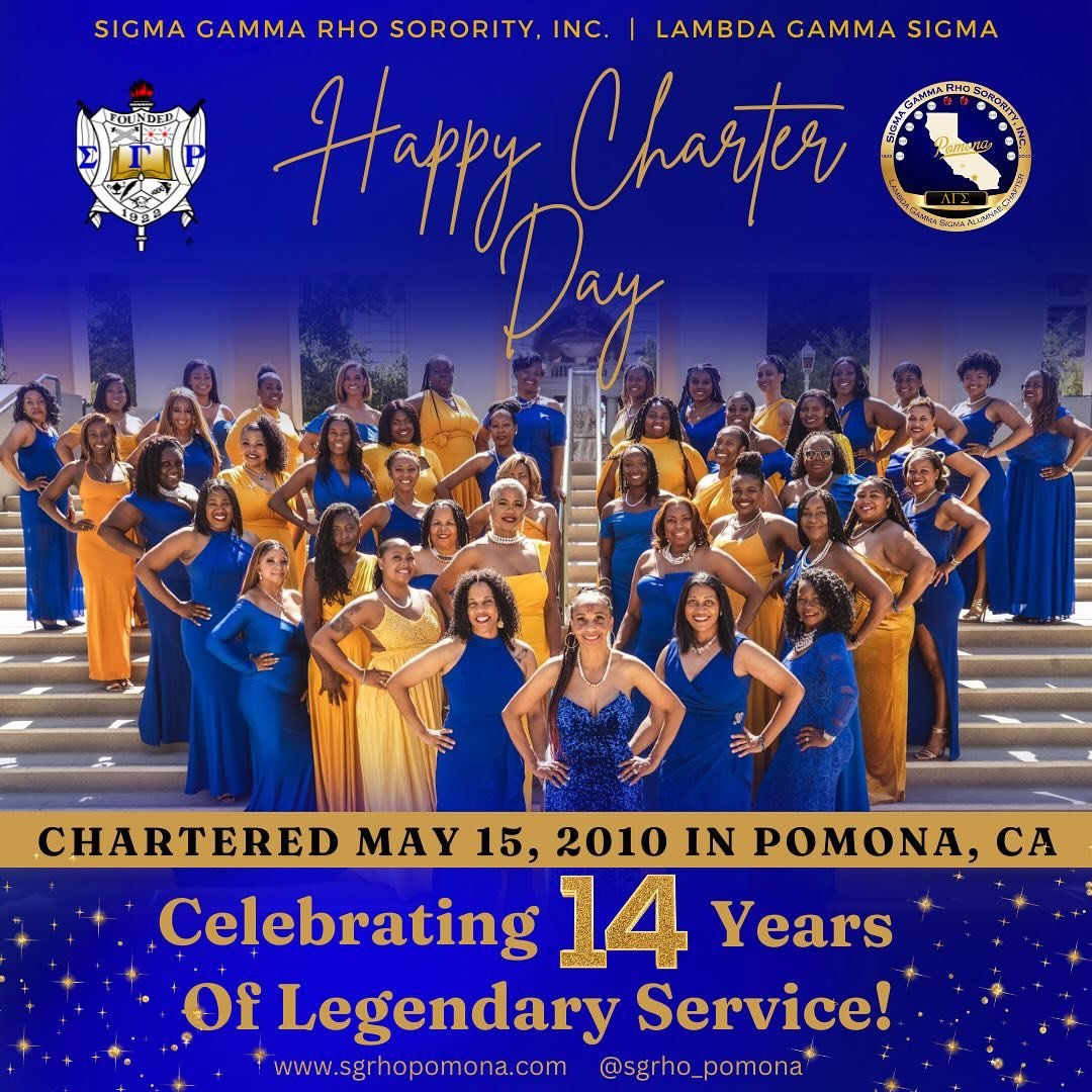 Today we celebrate 14 years of Sisterhood, Scholarship, and Service in the Pomona Valley area! Thank you to our Charter Members for your commitment to chartering this chapter and leading the way!! 

Cheers to more years of being LEGENDARY!! 💙💛☺️

#