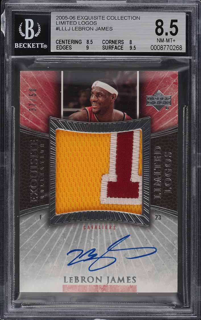 2005 EXQUISITE COLLECTION LIMITED LOGOS LEBRON JAMES PATCH AUTO /50 BGS 8.5