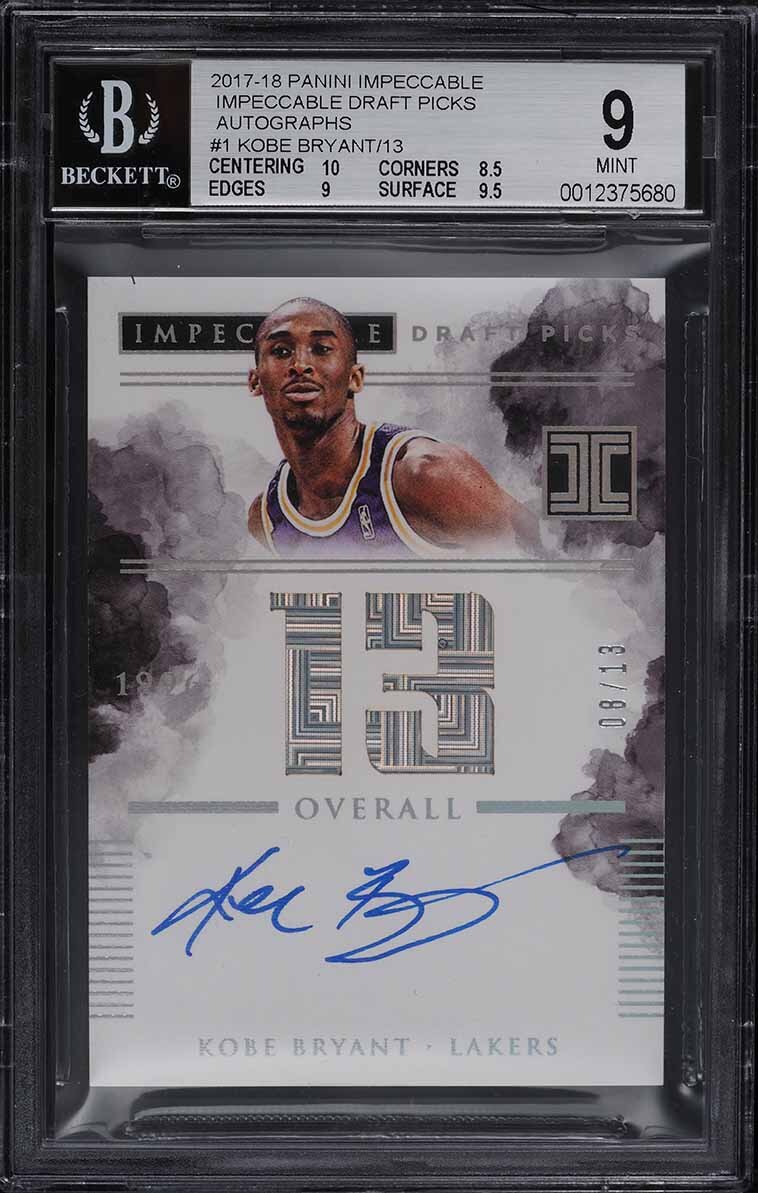 2017-18 PANINI IMPECCABLE DRAFT PICKS KOBE BRYANT AUTO JERSEY NUMBER 8/13 BGS 9