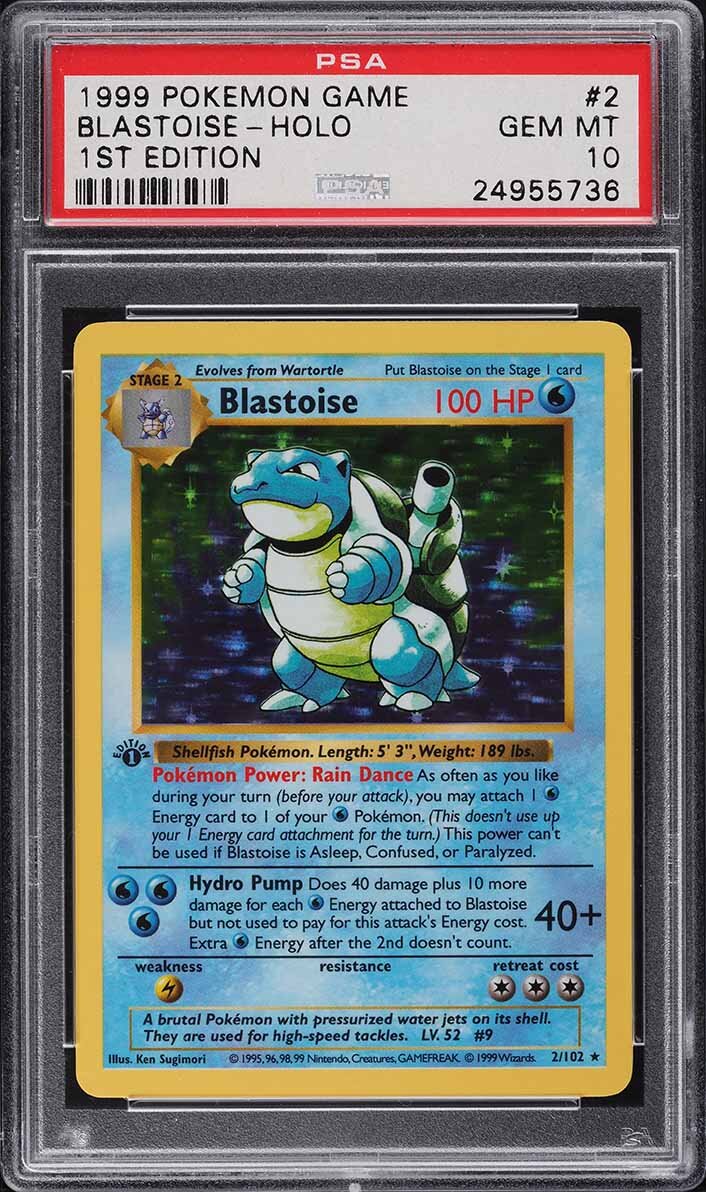 1999 POKEMON BASE SET SHADOWLESS 1ST EDITION HOLO BLASTOISE #2 PSA 10 GEM MINT