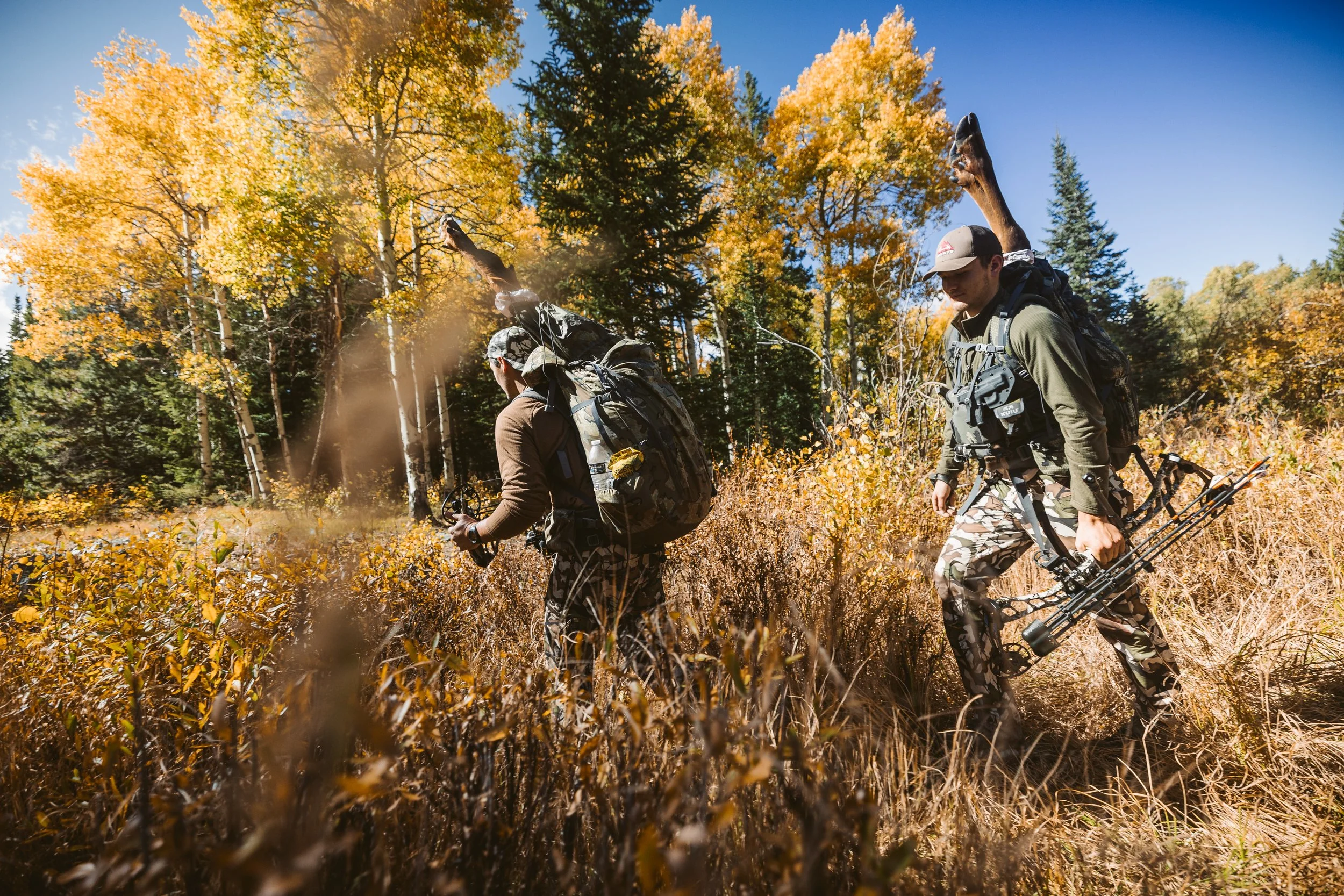 Two hunters in camouflage gear walking through autumn forest, carrying backpacks and hunting equipment.