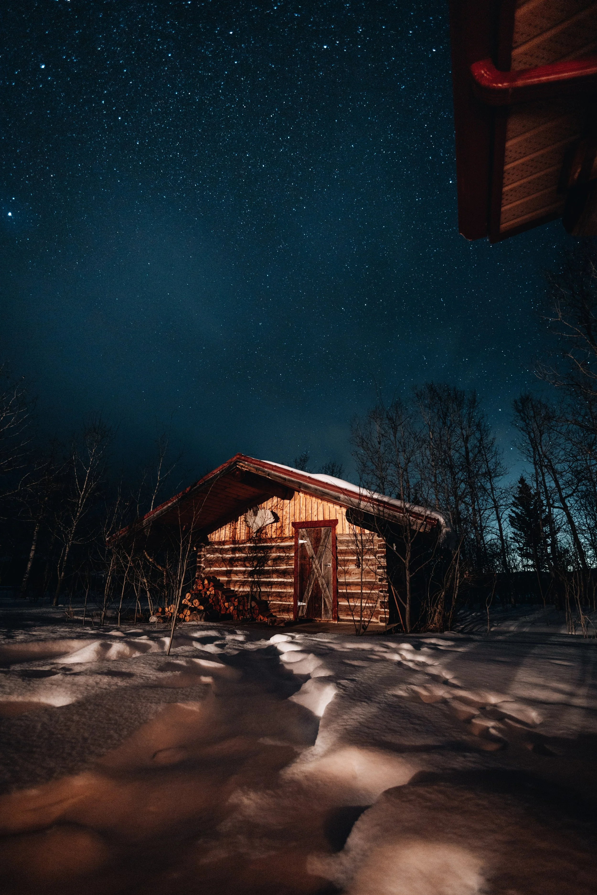 A small wooden cabin surrounded by snow under a starlit night sky, with trees in the background.