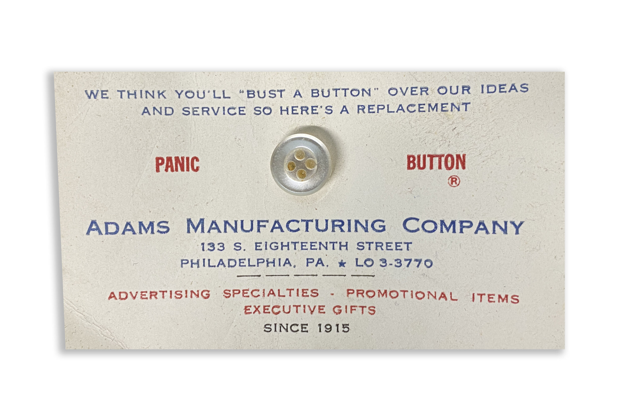 Adams Manufacturing business card with Panic Button