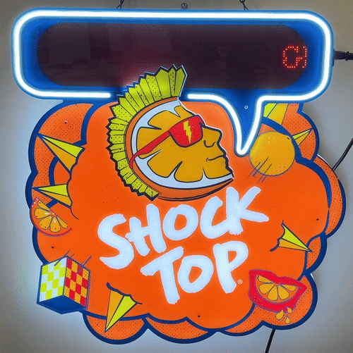 Shock Top custom LED message board sign activated by pulling lighted tap handle/