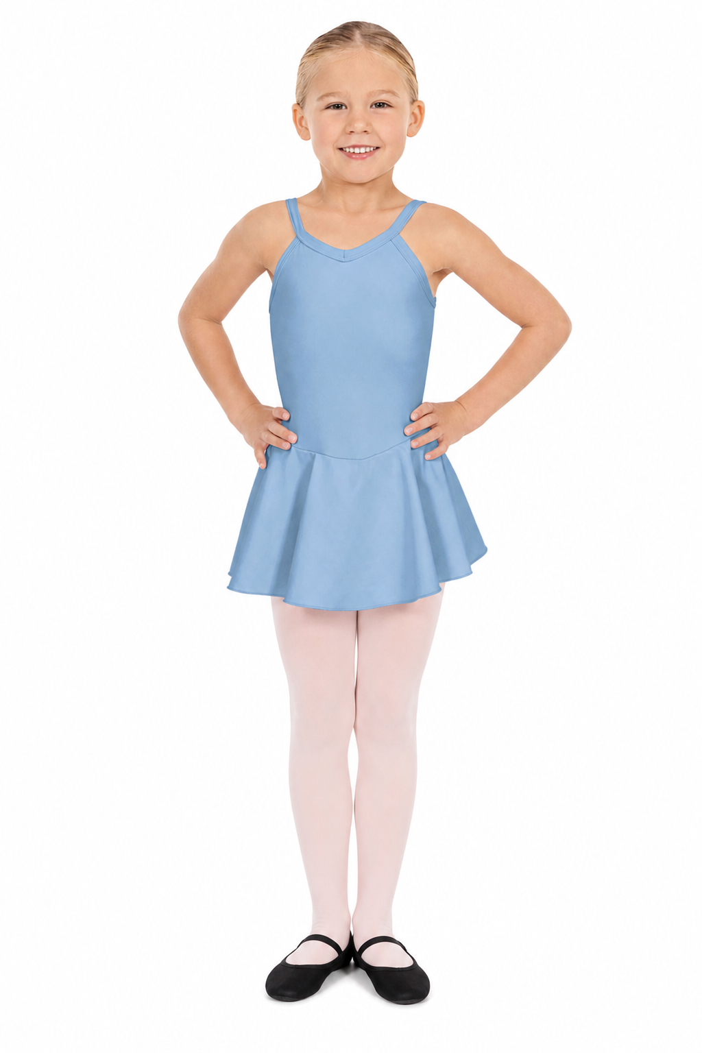 A young girl with blonde hair in a ponytail, wearing a light blue dance costume, smiling and standing with hands on hips.
