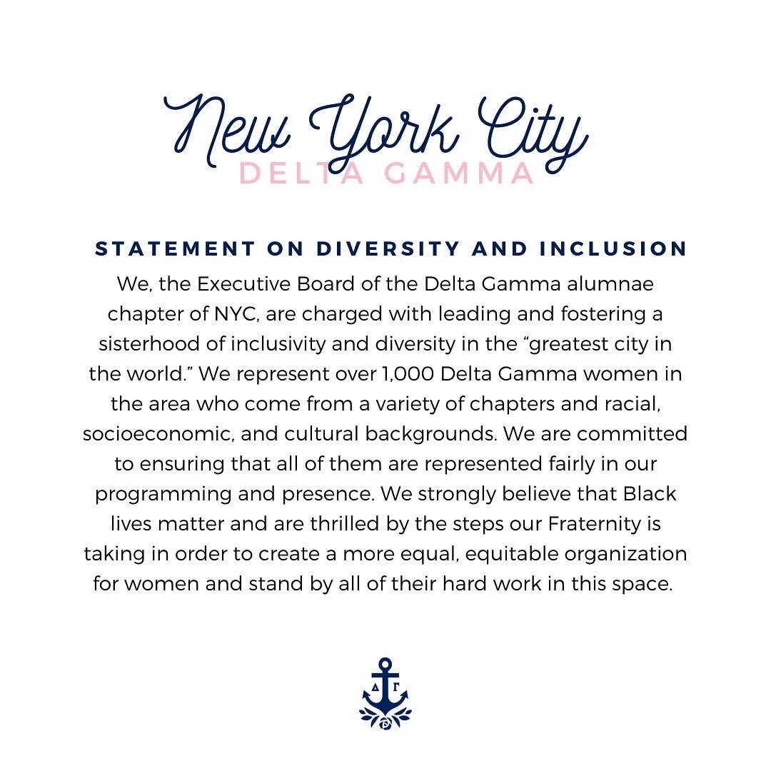 We would like to thank our sisters for their patience and we are excited to share out our formal Alumnae Chapter statement on Diversity and Inclusion as well as actionable next steps we will be taking to ensure that NYC DG remains the strong, powerfu