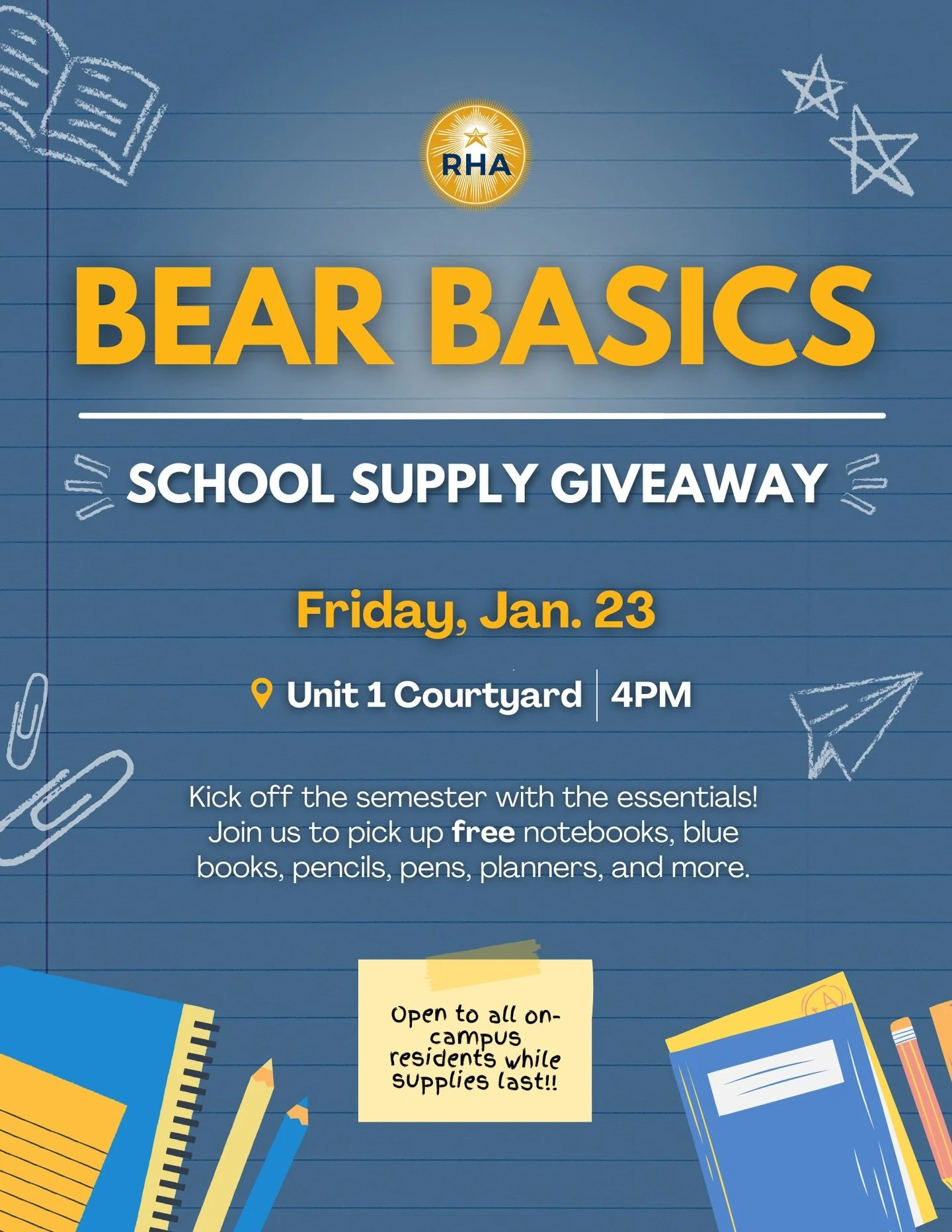 📚Start your spring semester off right by swinging over to Unit 1 Courtyard this Friday 1/23 at 4pm for all your school supply needs!

.

.

.

.
#ucberkeley #berkeley #college #university #school