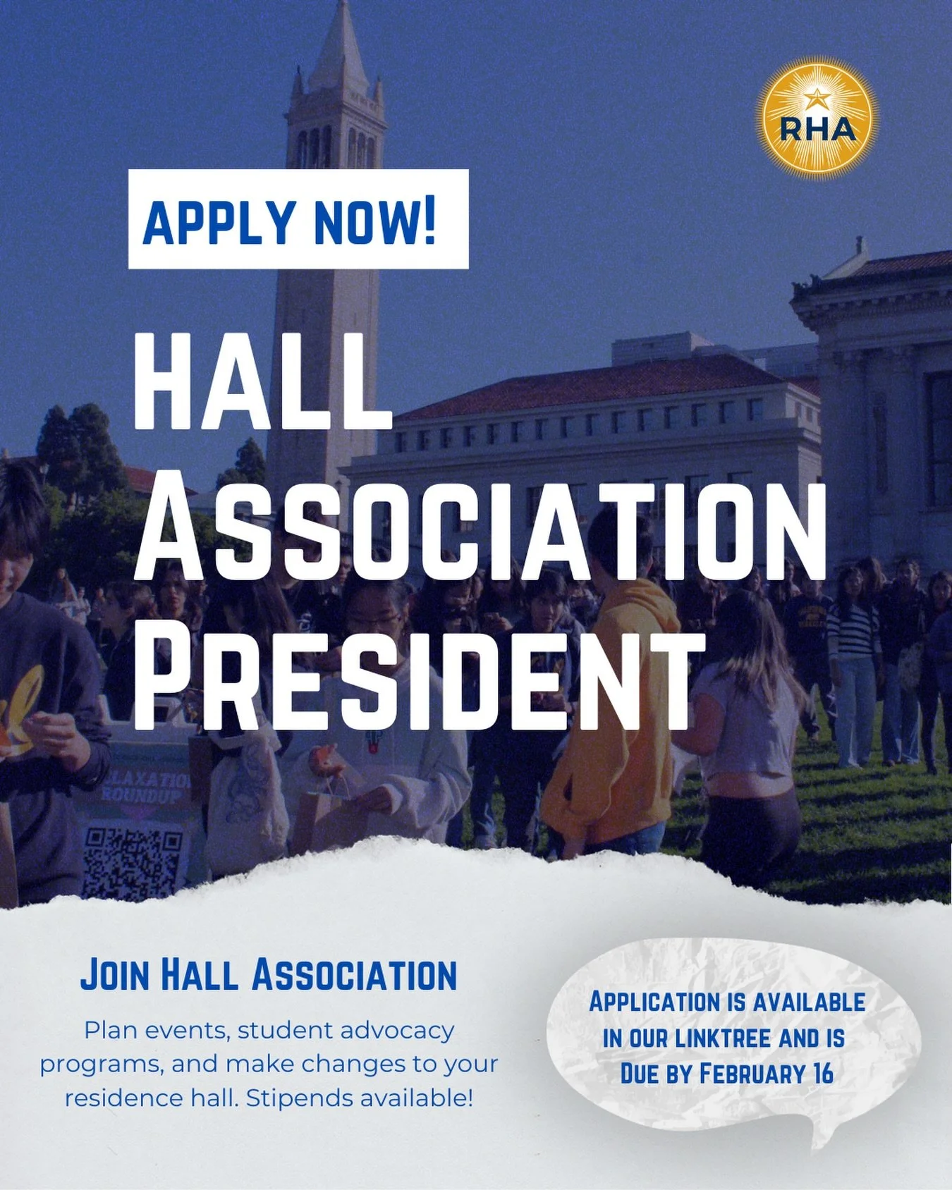 📣 Ready to lead your community?

Applications for Hall Association President are officially open! Join RHA to plan events, advocate for your peers, and make a real impact on your residence hall.

.

.

.

.
#ucberkeley #berkeley #college #university