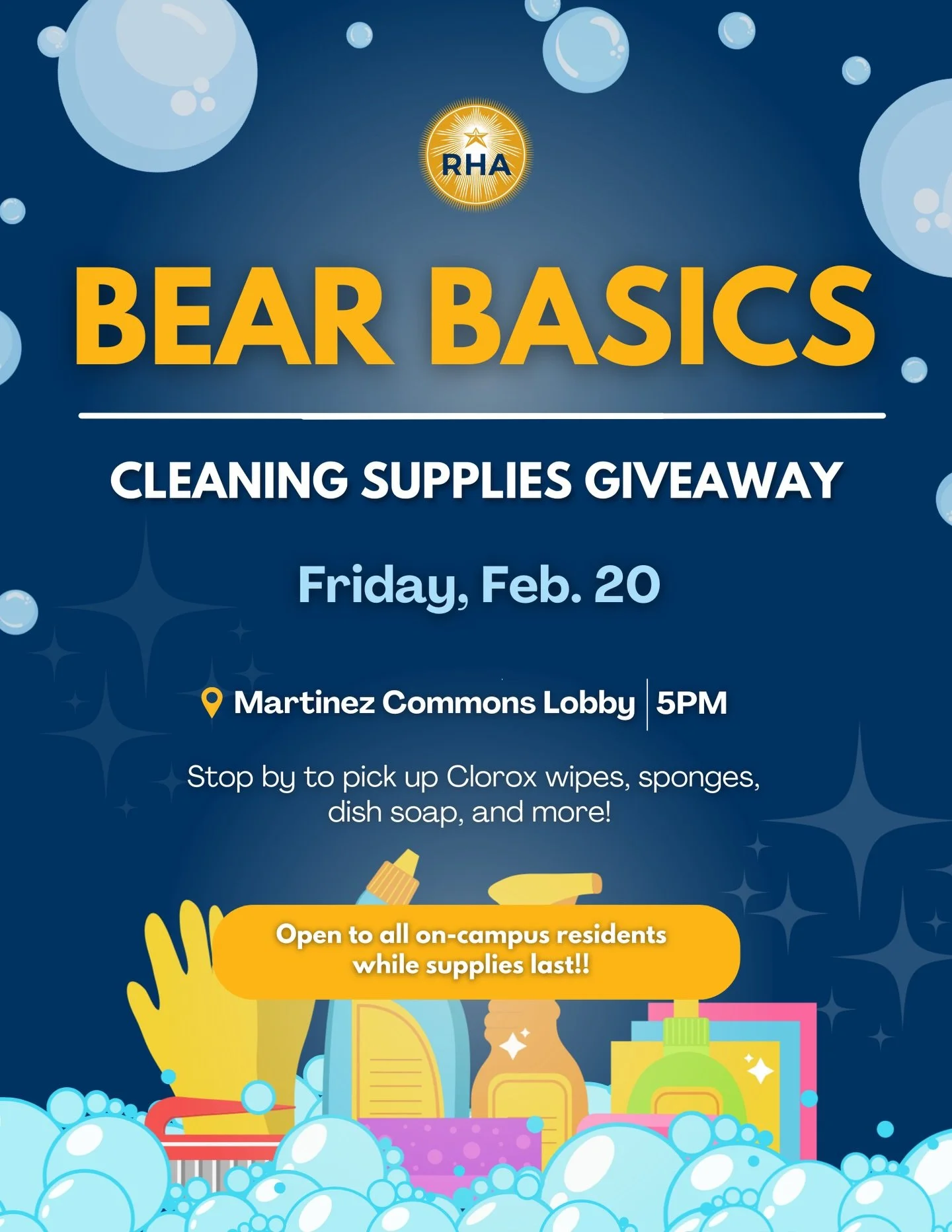 🌸 Ready to start your spring cleaning? This Friday 2/20 at 5pm RHA will be in the Martinez Commons lower lobby providing cleaning supplies to residents! This event is open to everyone living in on campus housing, just enter through the main entrance