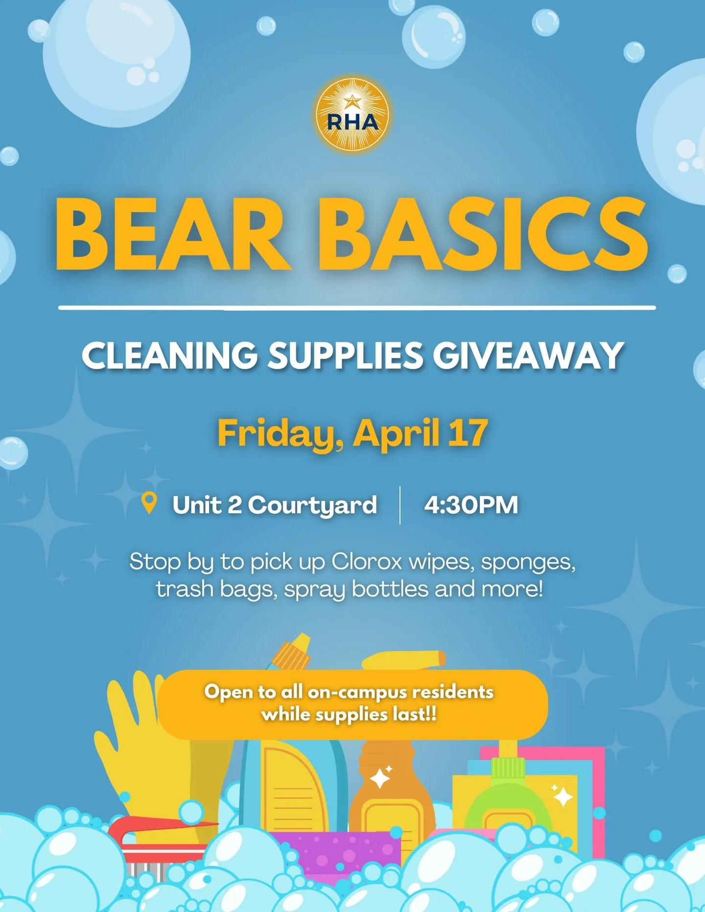 📍 UNIT 2 Courtyard | Did you know you have to clean your on-campus housing before moving out? Make your move out process smooth by stopping by our free cleaning supplies giveaway at Unit 2 Courtyard April 17th at 4:30pm. Get Clorox wipes, microfiber