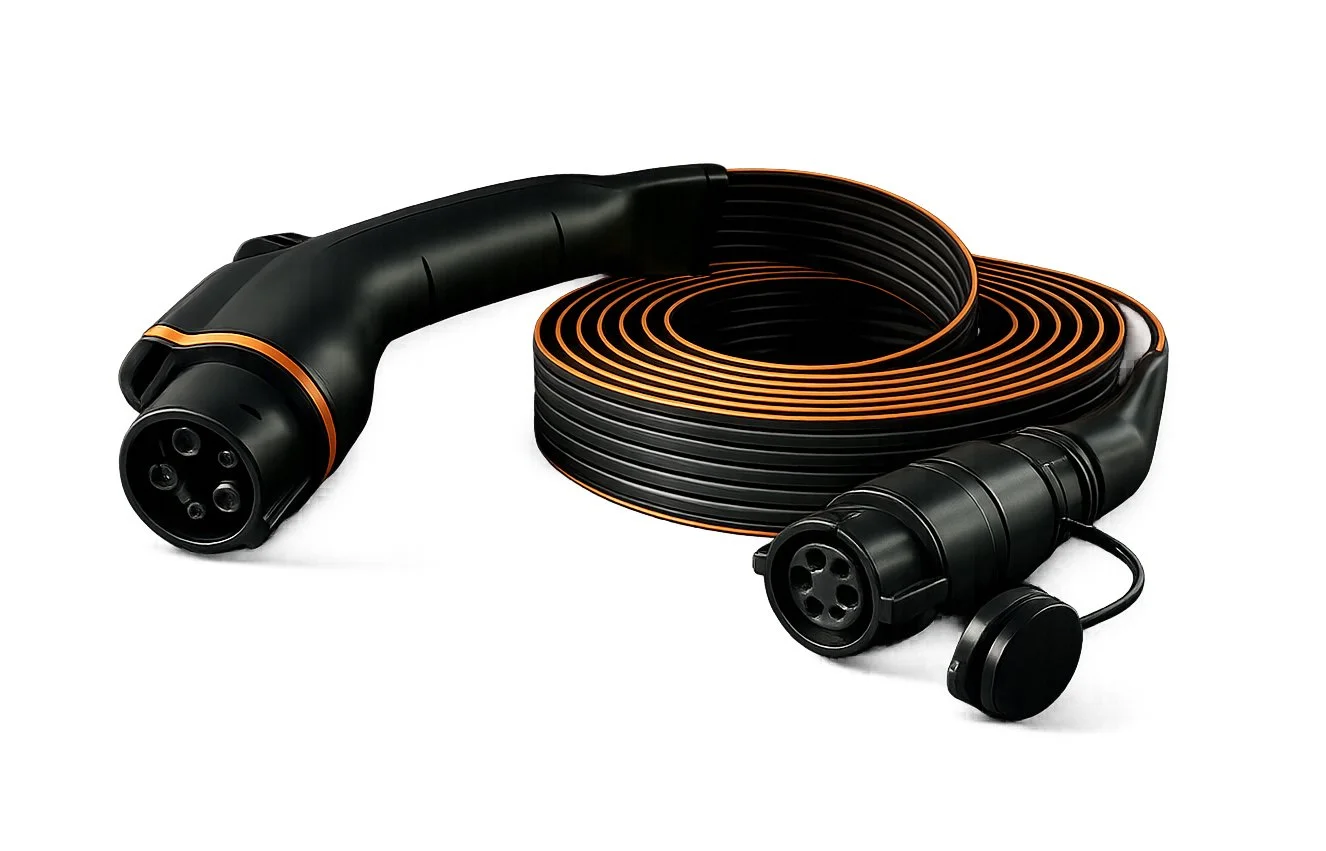 Electric vehicle charging cable with connectors at both ends, coiled in a loop.