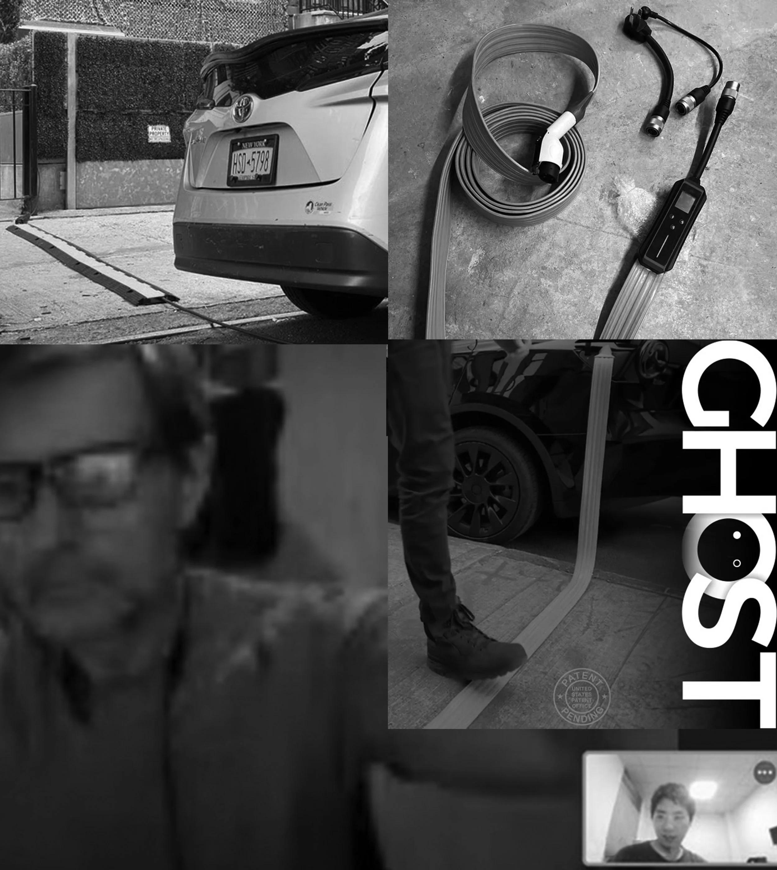 Collage of four black-and-white photos: 1) a car plugged into an electric vehicle charging station outside; 2) a portable electric vehicle charging cable with connectors and control unit on a concrete surface; 3) a blurry portrait of a person wearing glasses; 4) a person standing on a sidewalk near a black car holding an electric charging cable, with a video call window of a young person with curly hair in the bottom right corner.