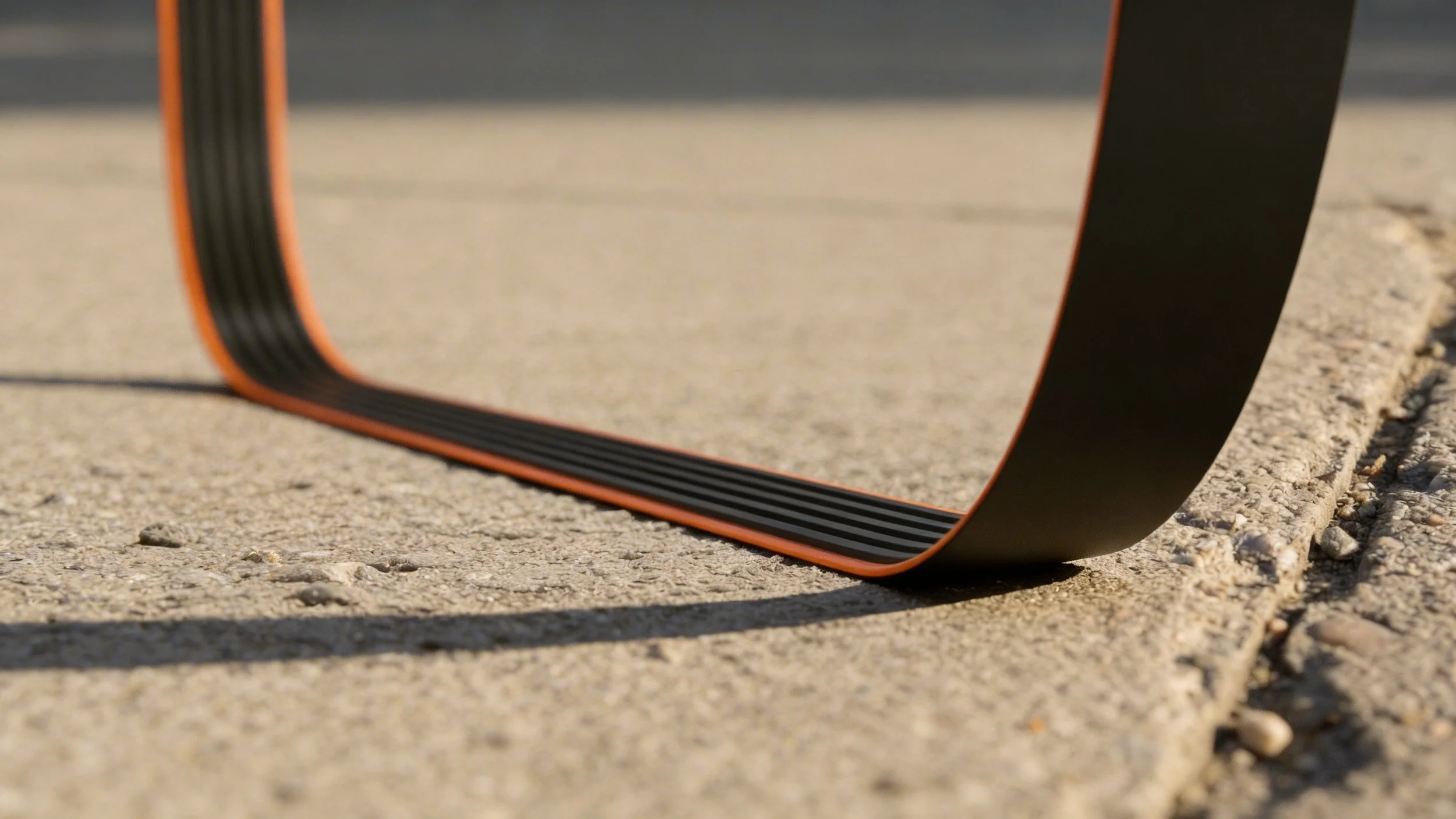 Close-up of a black and orange object with a curved design on a textured concrete surface.