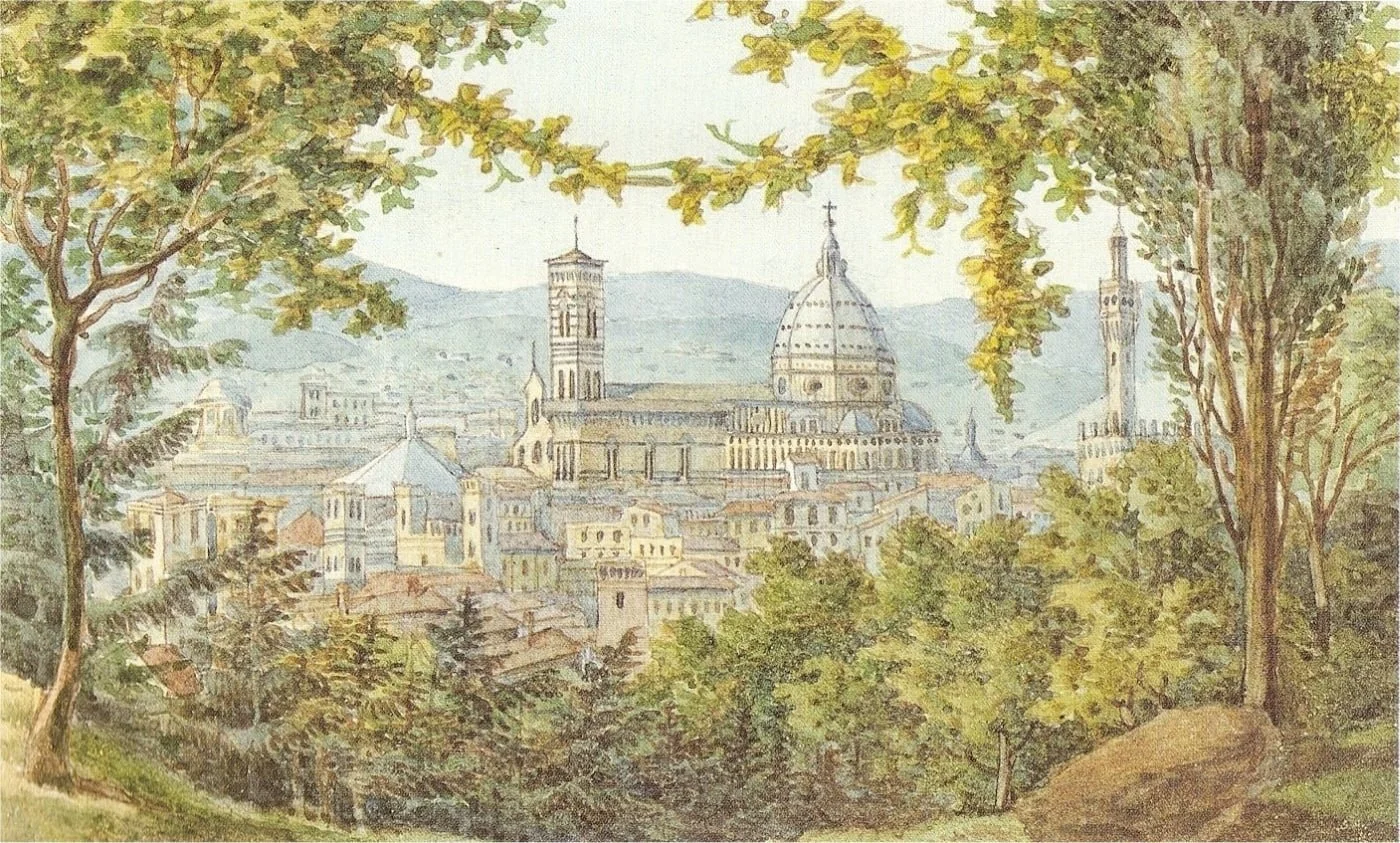 A view of the city of Florence, with the duomo in the center. Painted from a distant hill, the city is surrounded by green trees and seen through a clearing in the forest.