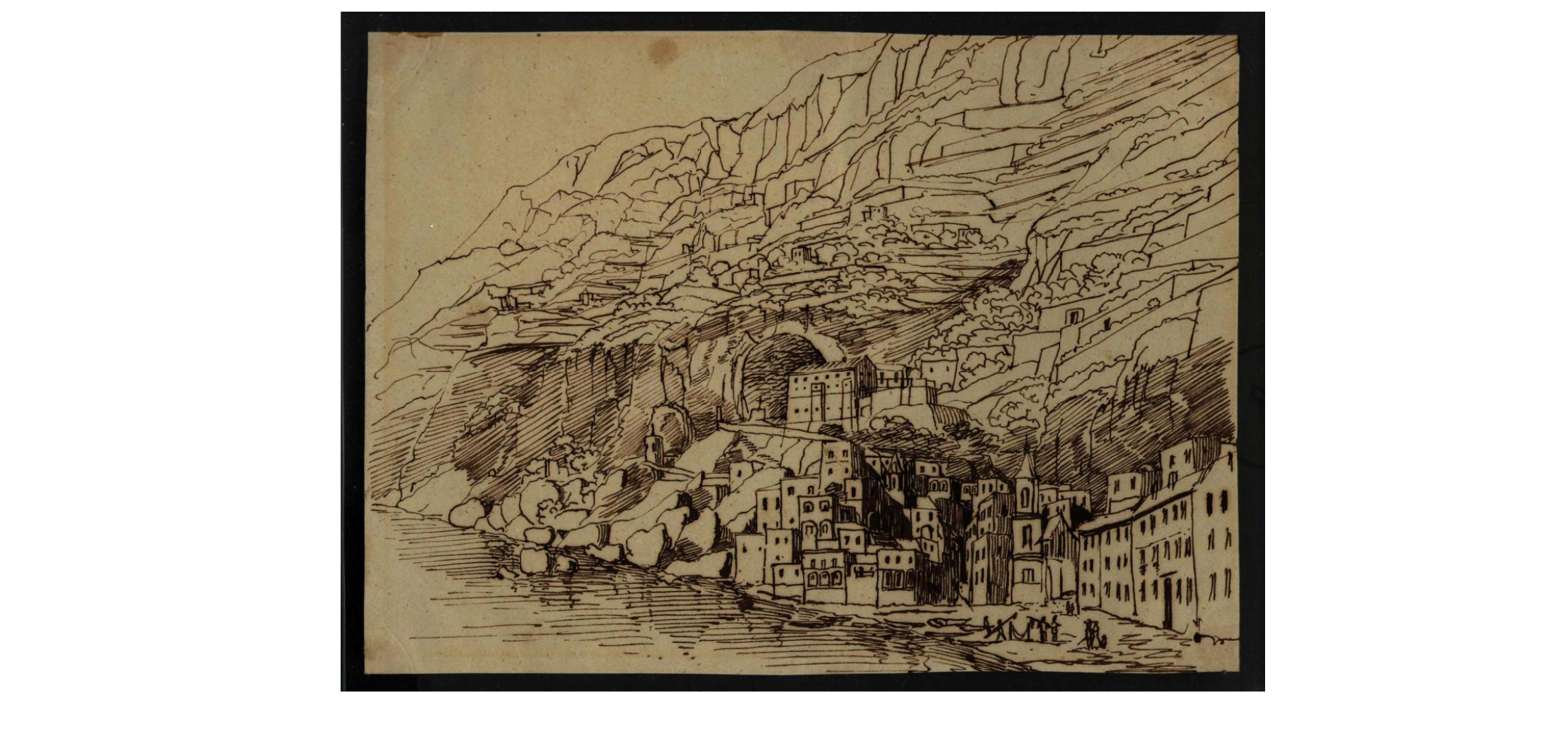 A line drawing done in ink of the Amalfi coast, with buildings along the water that climb up on the cliff that rises above the sea