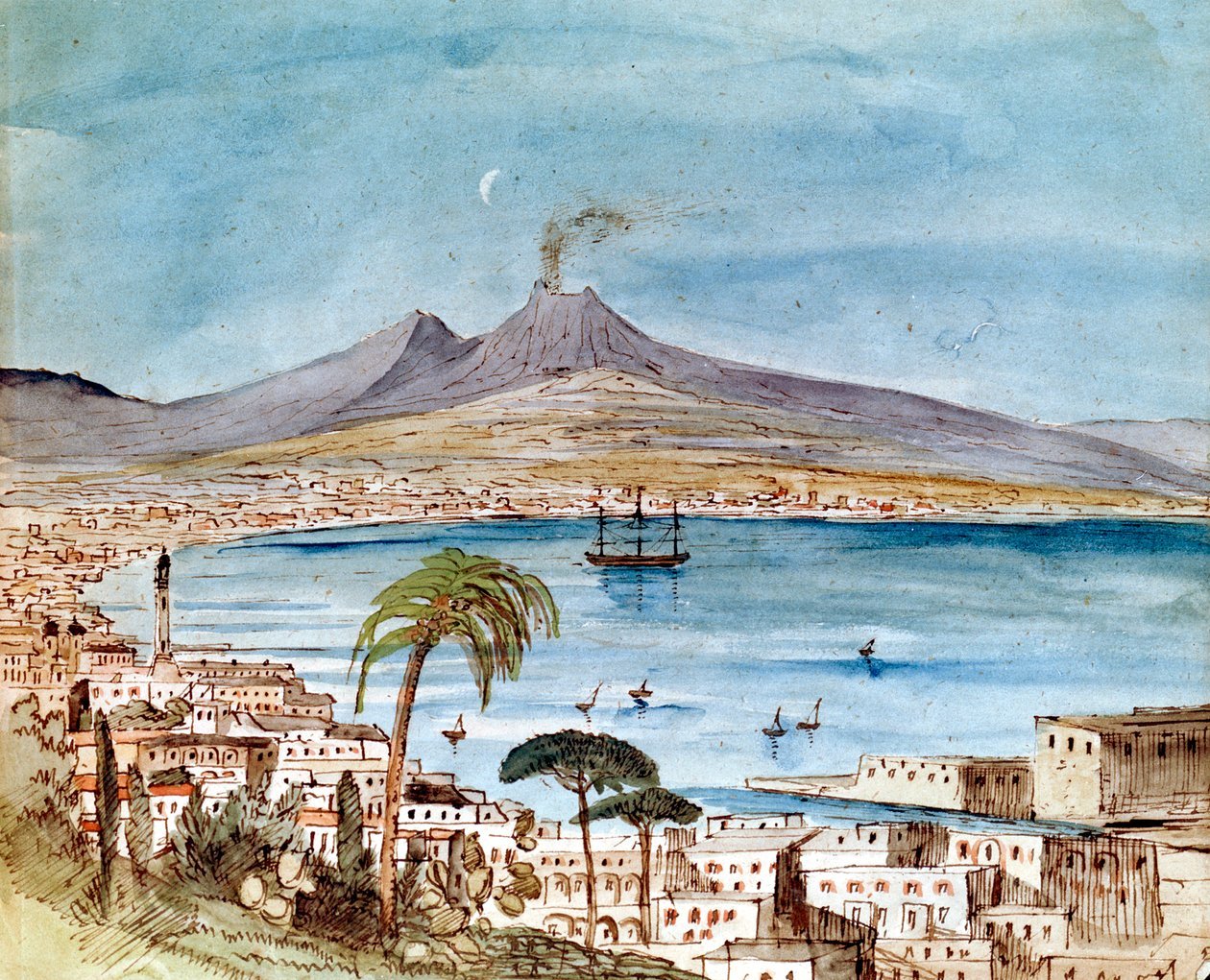 A watercolor of Mt. Vesuvius, smoking in the distance, with a harbor in the foreground surrounded by white buildings and cypress and palm trees. There is a large boat in the harbor, with a few smaller sail boats. The sky and water are all clear blue.