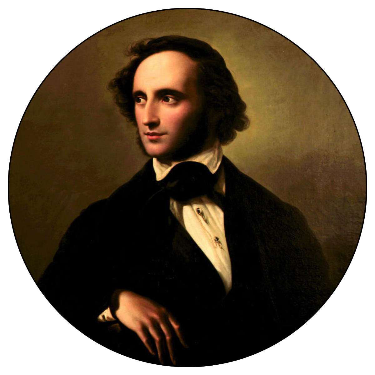 A color portrait of Felix Mendelssohn, painted in 1847. He is looking to his right, with a very slight smile
