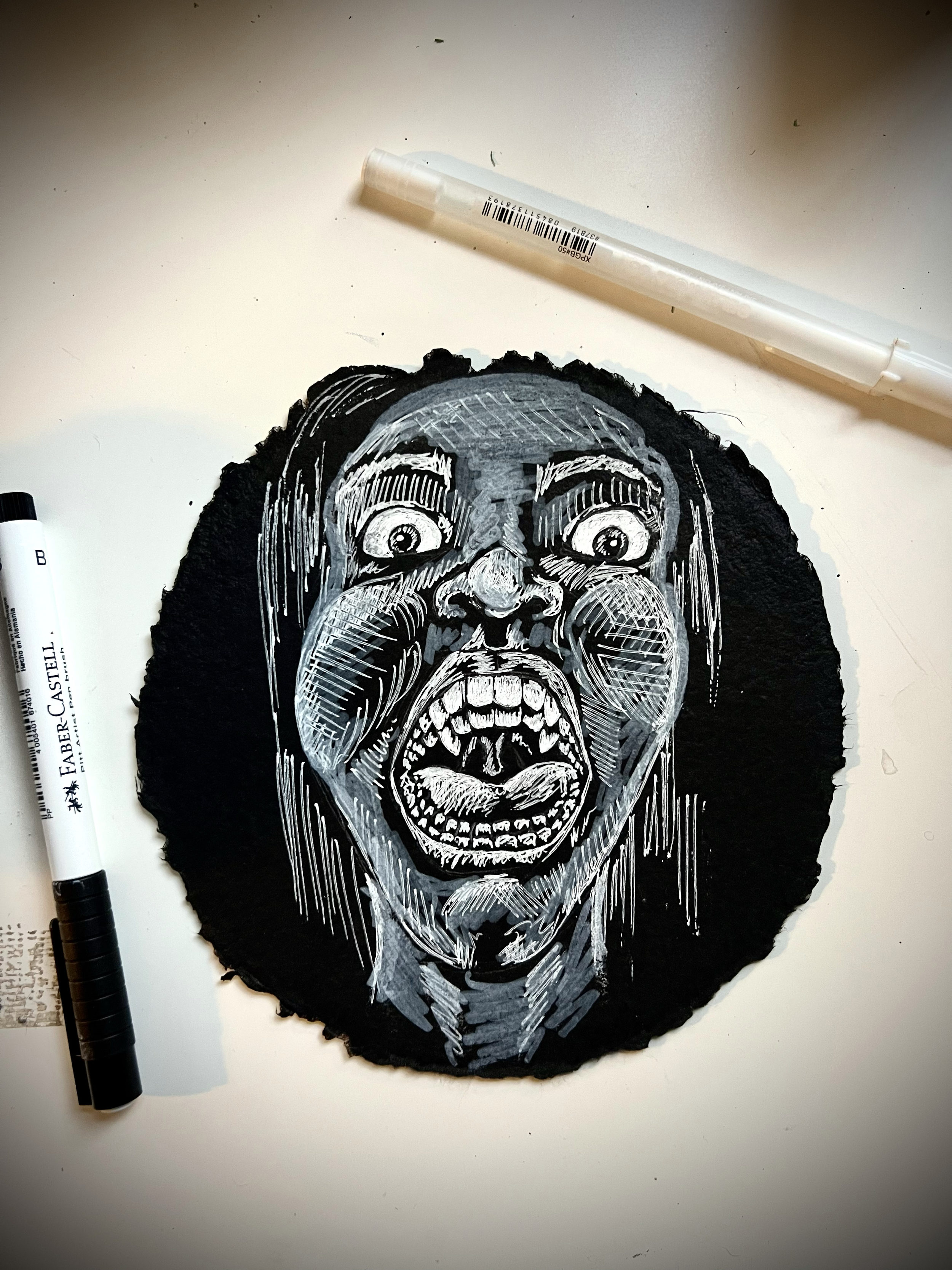 Odontophobia, 2023, 6" round unframed, ink on black paper, $25
