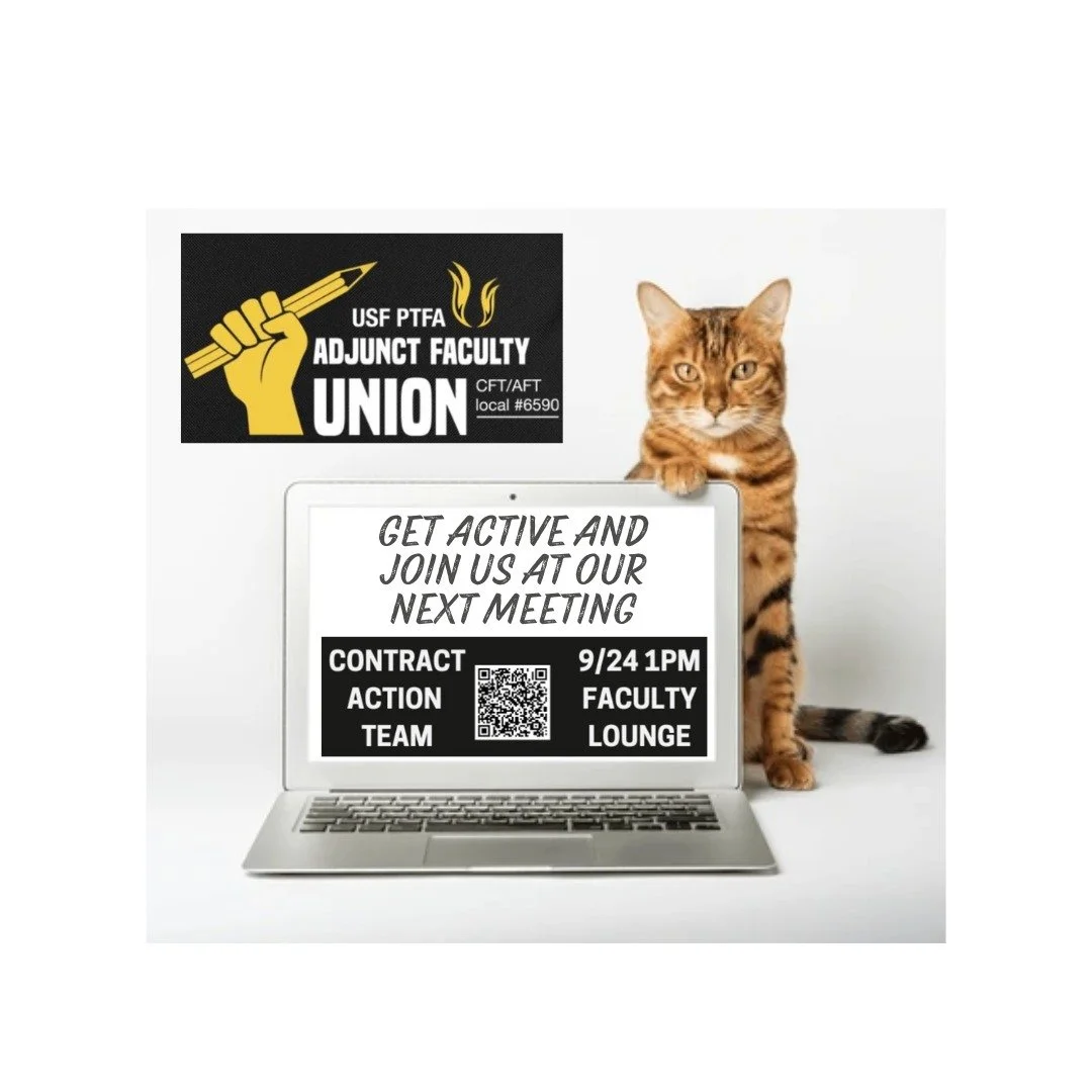 Calling all members! Join our new Contract Action Team (CAT) at their first meeting of the year this Wednesday, 9/24 at 1:00pm in the Faculty Lounge (right outside the main entrance to the UC Caf)! Scan the QR code to register or just come on by!