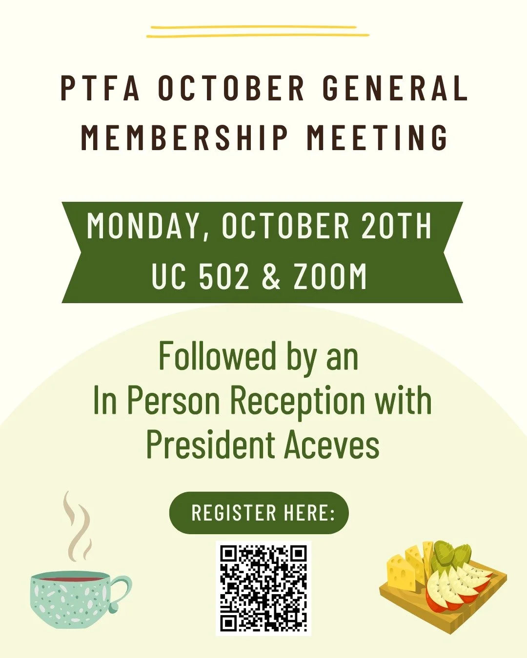 Attention members! 📣 Join us for our October General Membership Meeting followed by a meet and greet reception with USF's new president. Scan the QR code or use the registration link below to secure your attendance. Our regular business meeting will