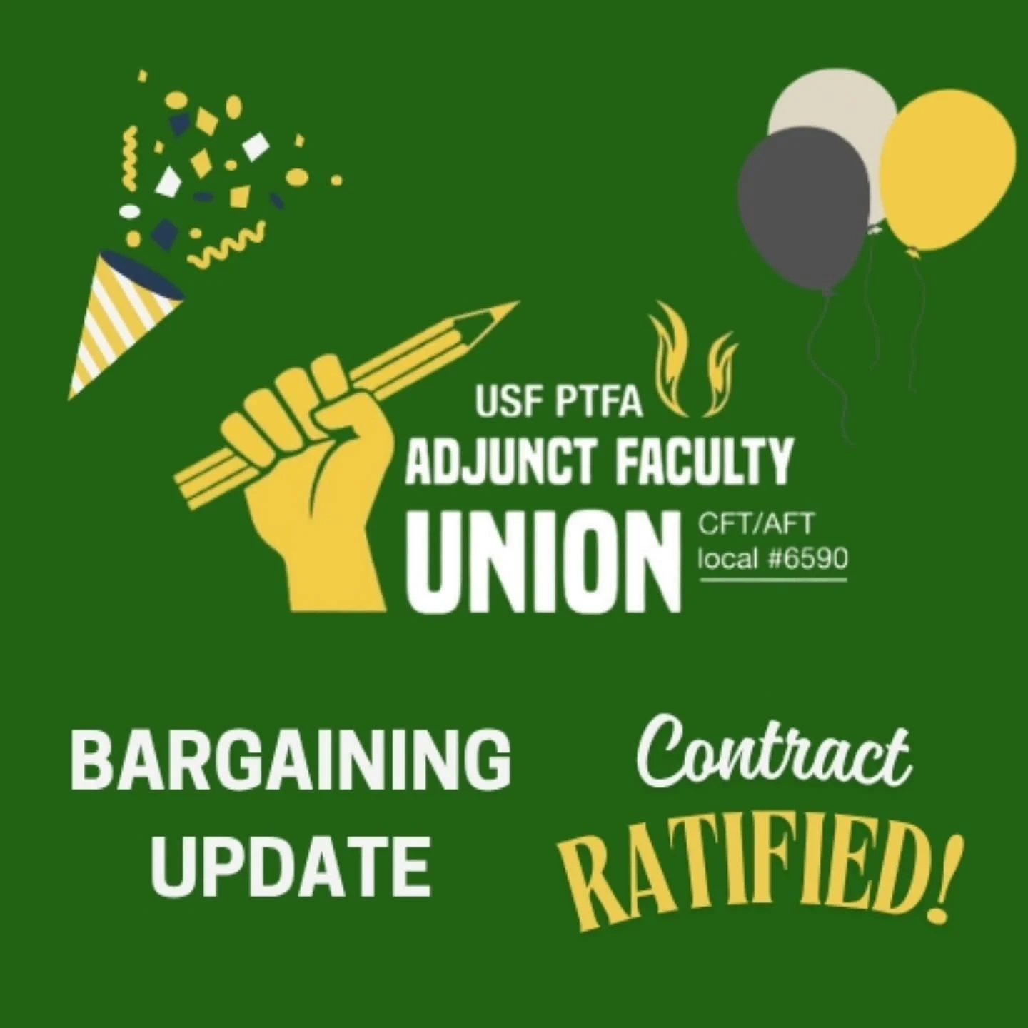Our collective bargaining agreement tentatively agreed to on May 5 has been ratified by a vote of 148-4. Thanks to all who voted!