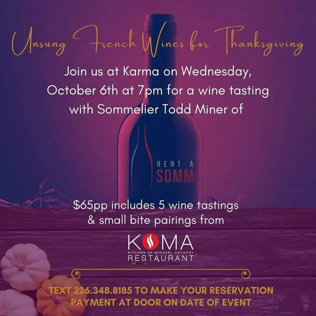 Join us on October 6th as we have some fun (and tickle our senses) exploring 5 underappreciated grape varietals from lesser-known regions of France. Also enjoy small bites from @komarestaurant