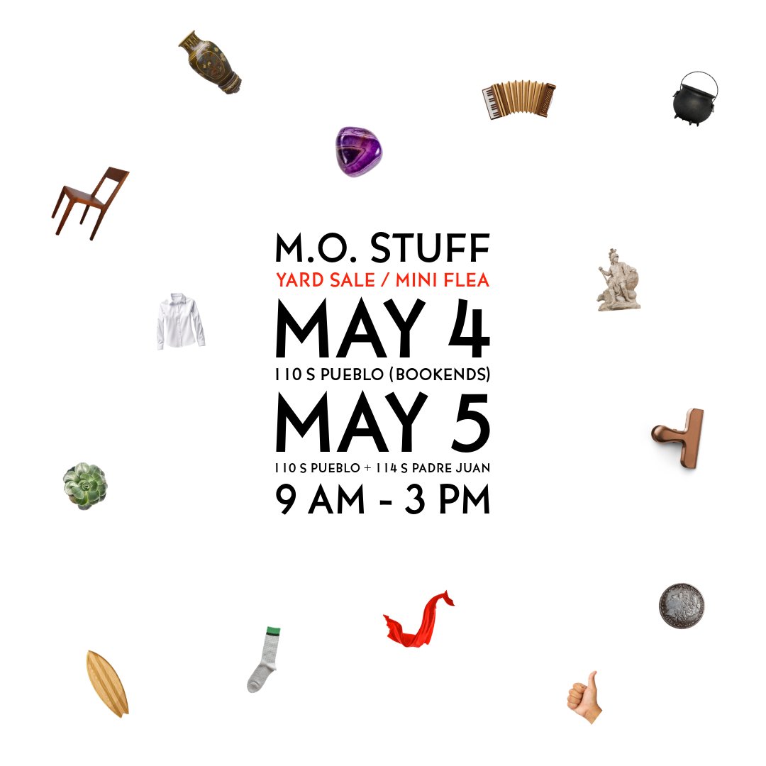 Mark your calendars for the 1st Annual M.O. Stuff, a multi-family, multi-property yard sale turning Meiners Oaks into a treasure trove! 
.
Kick-off is Saturday, May 4, from 9 am to 3 pm @bookends_bookstore, and 114 South Padre Juan will join in on Su