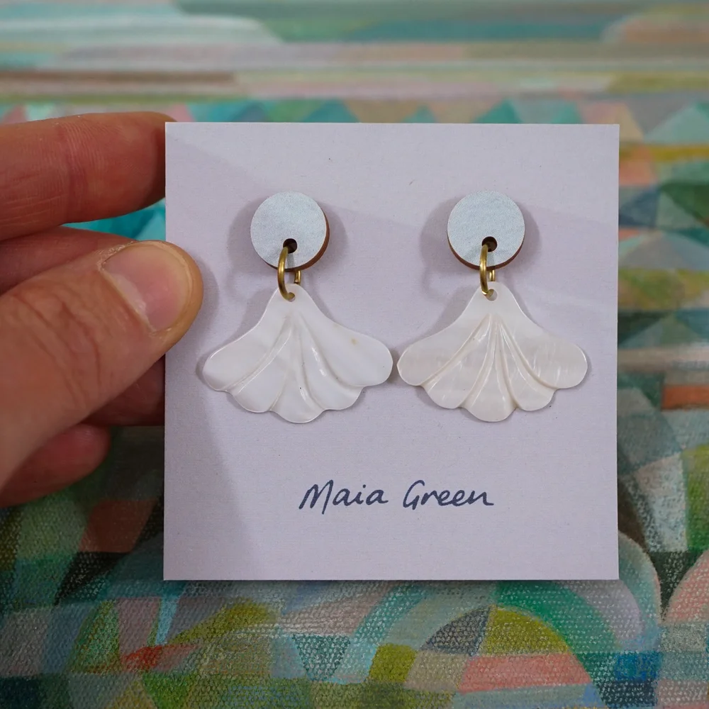 FAN SHELL IN PALE BLUE MAIA GREEN ORIGINAL ART WOODEN EARRINGS Maia Green