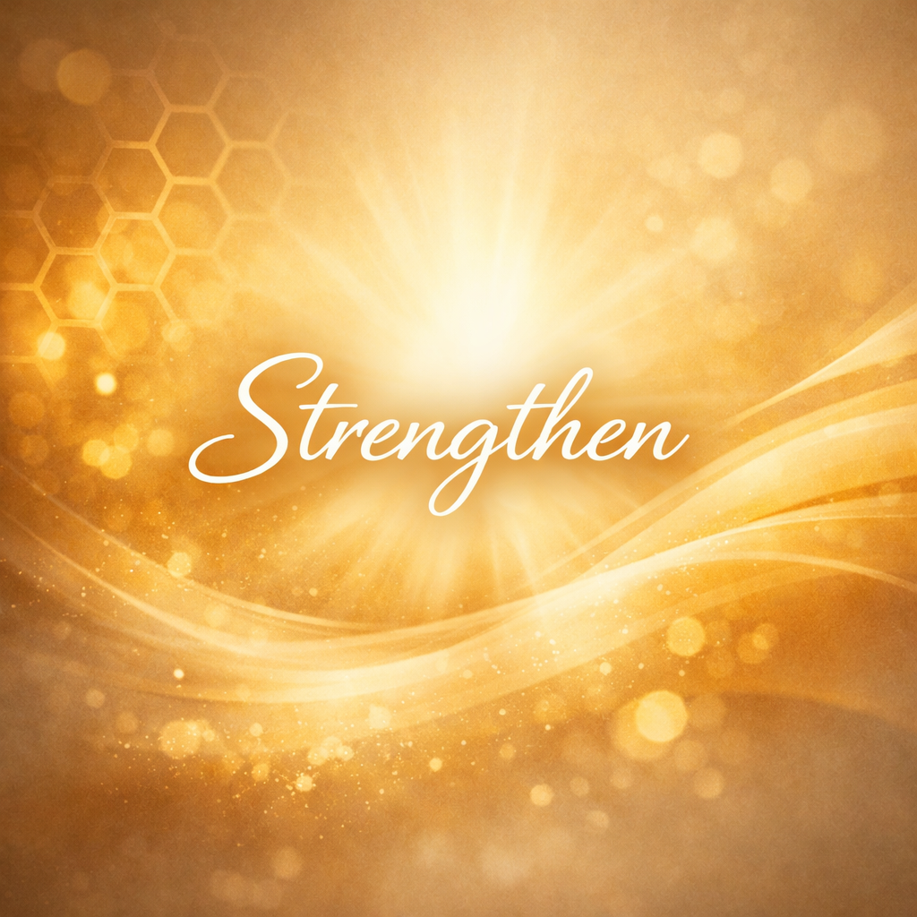 A bright golden background with abstract light effects, hexagonal patterns, and the word "Strengthen" written in white elegant cursive font in the center.