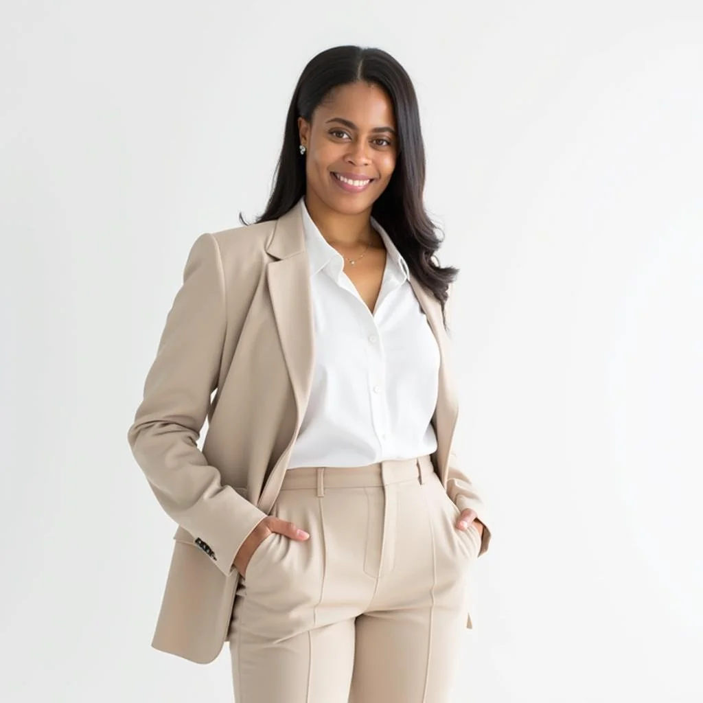 A woman with dark hair wearing a beige suit with a blazer and matching pants, white blouse, standing against a plain white background, smiling with hands in her pockets.