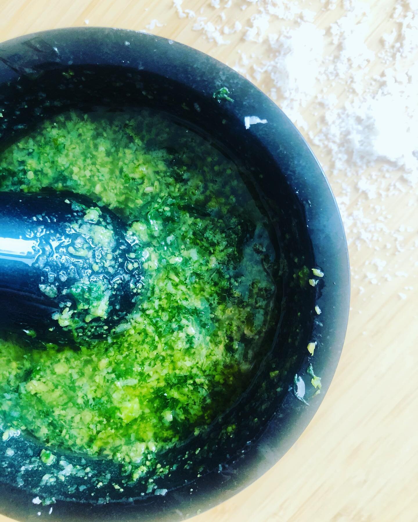 Pesto alla Genovese (but with sunflower seeds in lieu of pine nuts). I&rsquo;m teaching a class in a few weeks and a student has a nut allergy but everyone is so jazzed about making pesto - so I set to work this week to find an alternative that I lik
