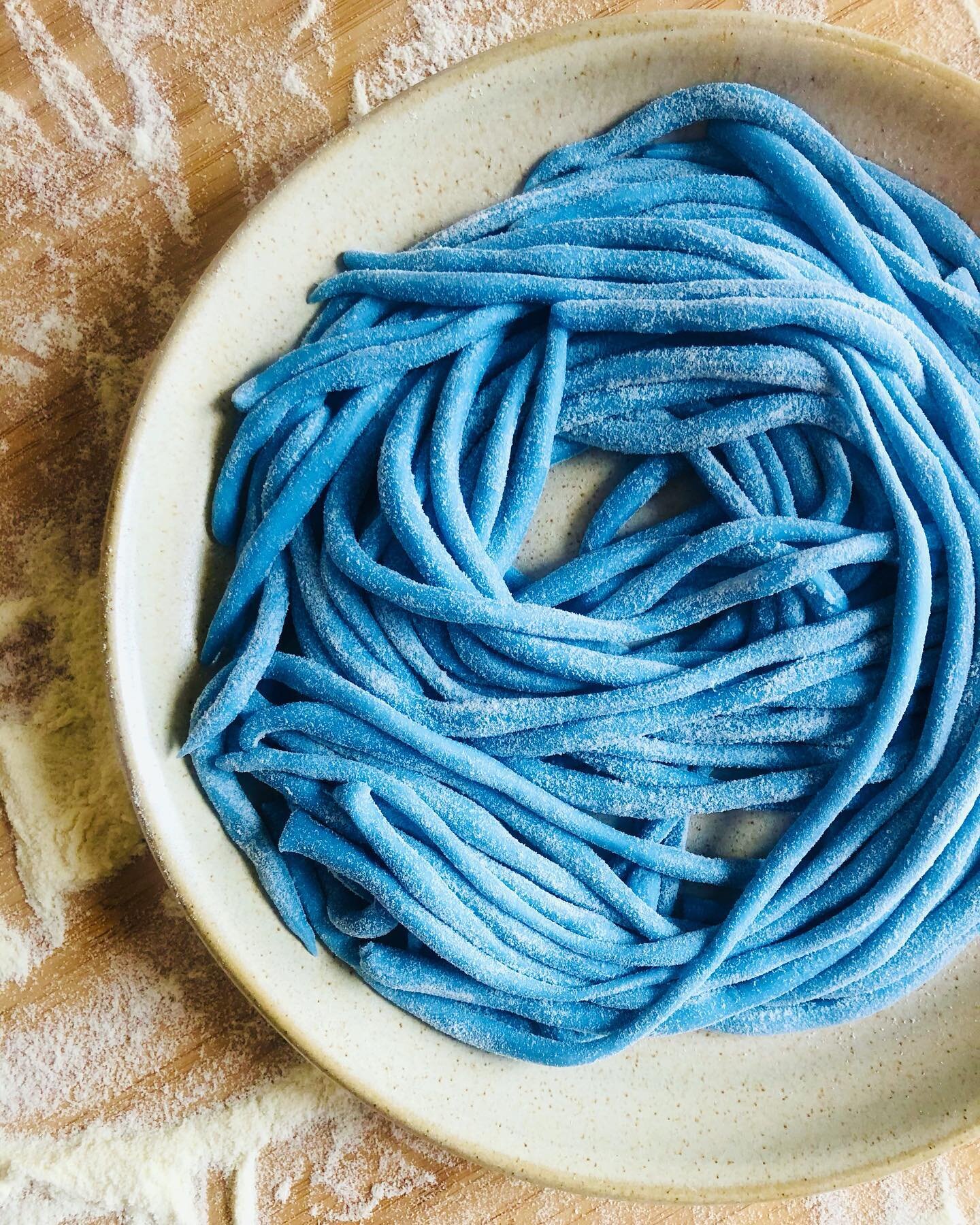 Pici! Hand rolled noodles made from semolina, water, olive oil, and in this case spirulina. So rustic, so blue, so so old. No tools and no animal products for pici noodles. A truly ancient noodle that Italian historians trace to the Etruscan peoples 