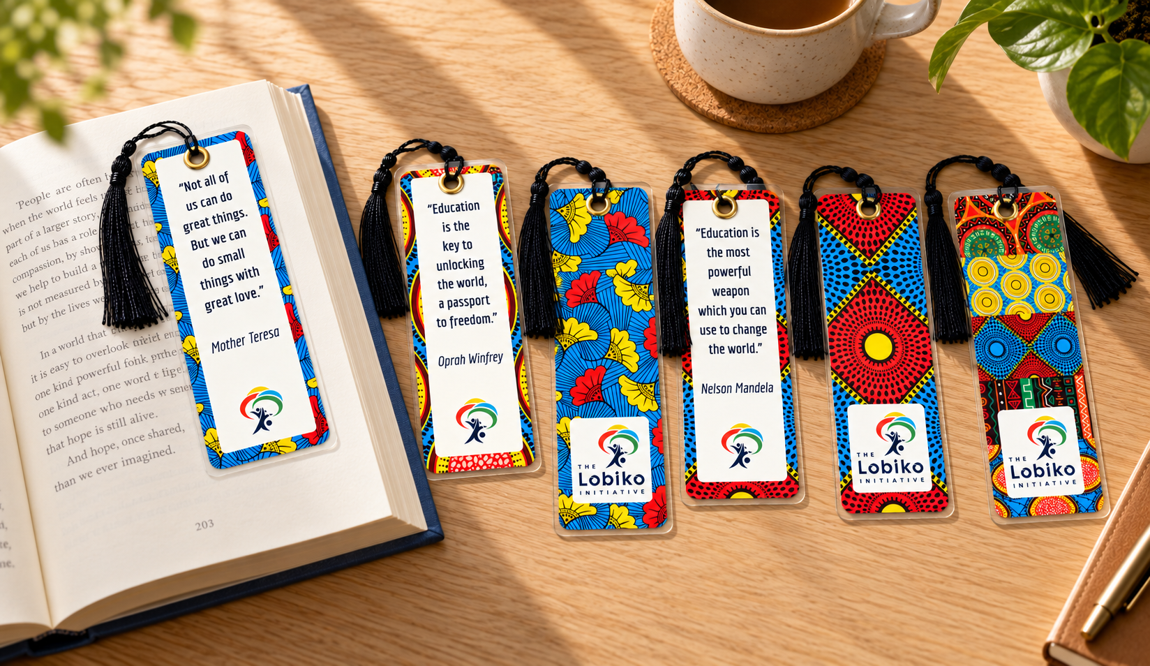Lobiko bookmarks with quotes about education and service