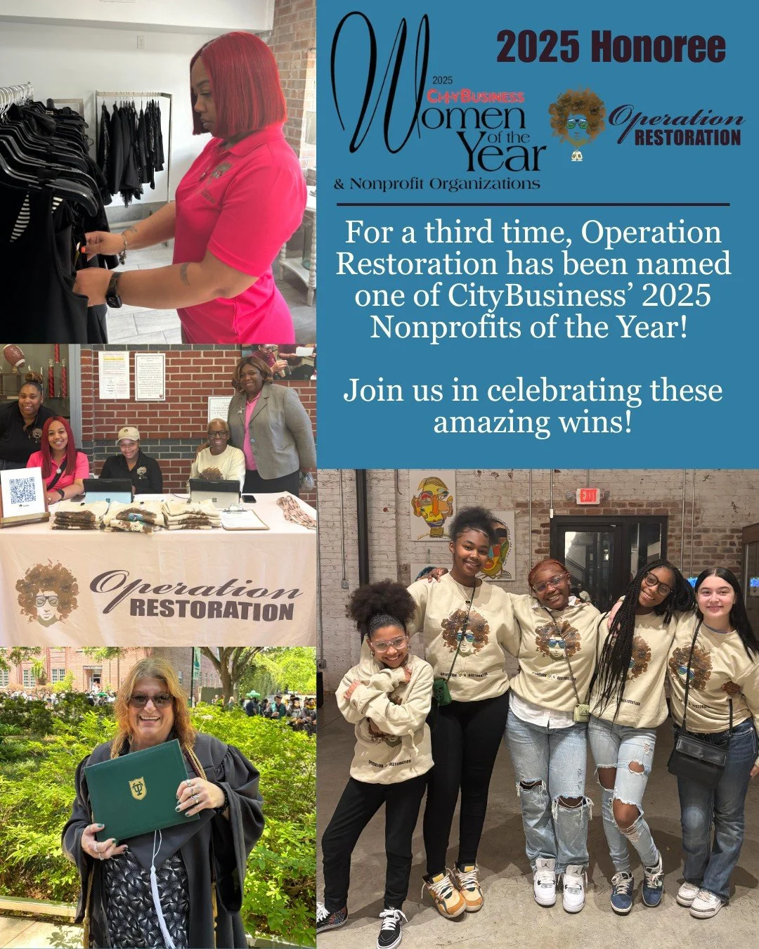 Double Honors, One Incredible Mission 🎉

We&rsquo;re proud to celebrate not one, but two major recognitions from CityBusiness!

🌟 We&rsquo;re honored that Operation Restoration has been named one of CityBusiness' 2025 Nonprofits of the Year, also f