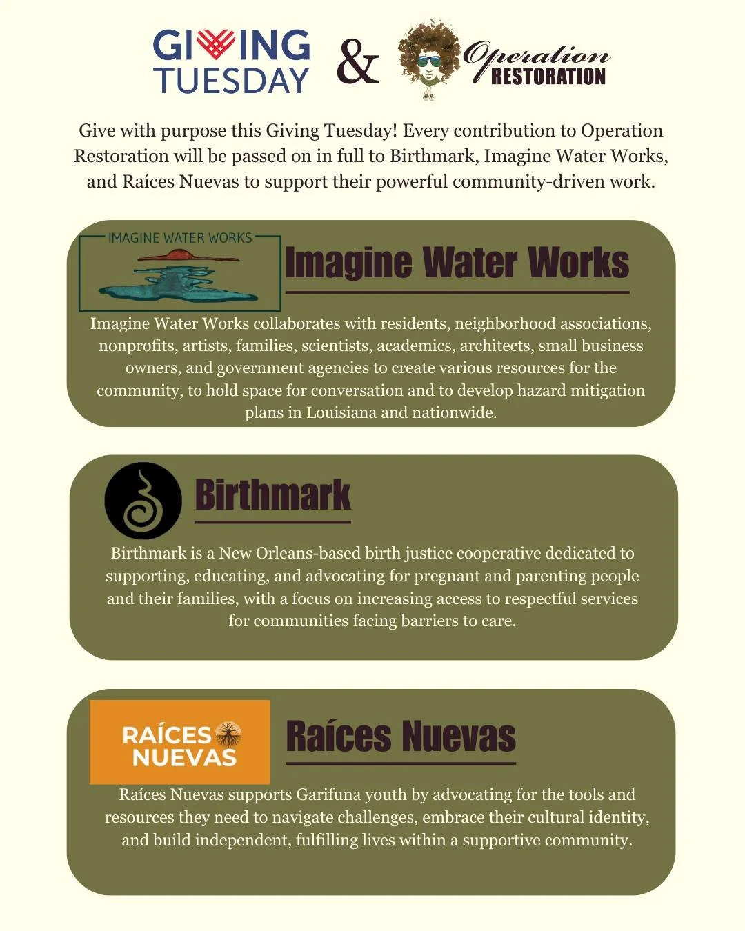 🌟 This Giving Tuesday, support the incredible work of our fiscal sponsors such as Birthmark, Imagine Water Works and Ra&iacute;ces Nuevas. Donate to Operation Restoration via the link in our bio and 100% of your gift will go directly to them. 💛 

#