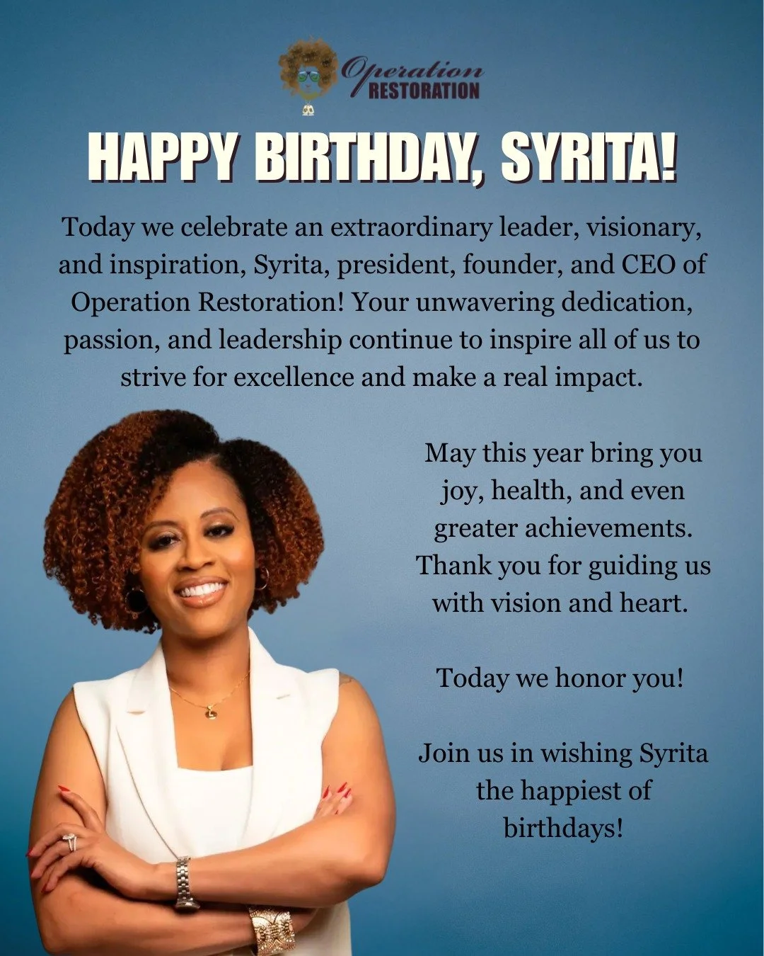 Today we celebrate an extraordinary leader and visionary, Syrita, president, founder, and CEO of Operation Restoration. Her unwavering dedication, passion, and leadership inspire us all to strive for excellence and make a real impact. 

Join us in wi