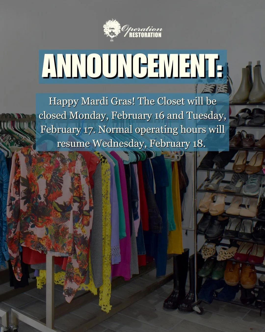 Happy Mardi Gras! The Closet will be closed Monday, February 16 and Tuesday, February 17. Normal operating hours will resume Wednesday, February 18. 

#HappyMardiGras
