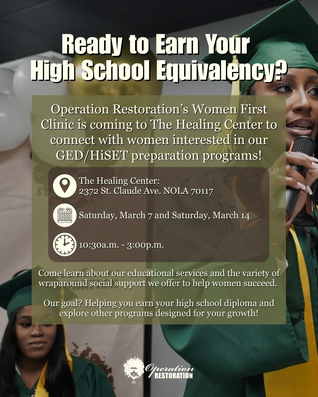 ✨Event Alert!✨

Operation Restoration&rsquo;s Women First Clinic is coming to The Healing Center to connect with women interested in our GED/HiSET prep programs! 📚💪🏾

If you&rsquo;re ready to take the next step toward your education goals and earn