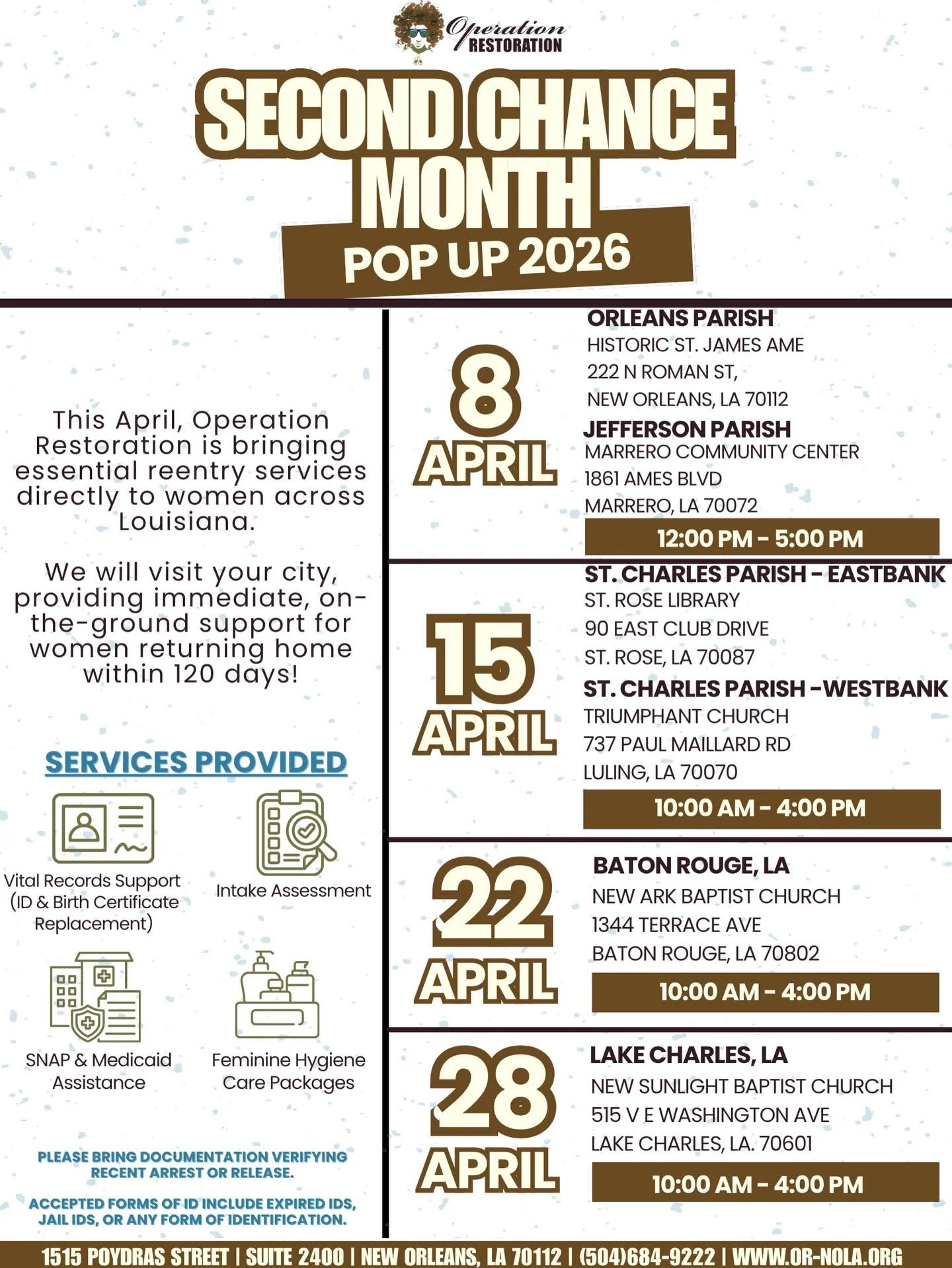 Second chances look like this 💜✨

This April, Operation Restoration is pulling up across Louisiana with our Second Chance Month Pop Up, bringing real support directly into the community.

If you, or someone you know, has been recently arrested or re