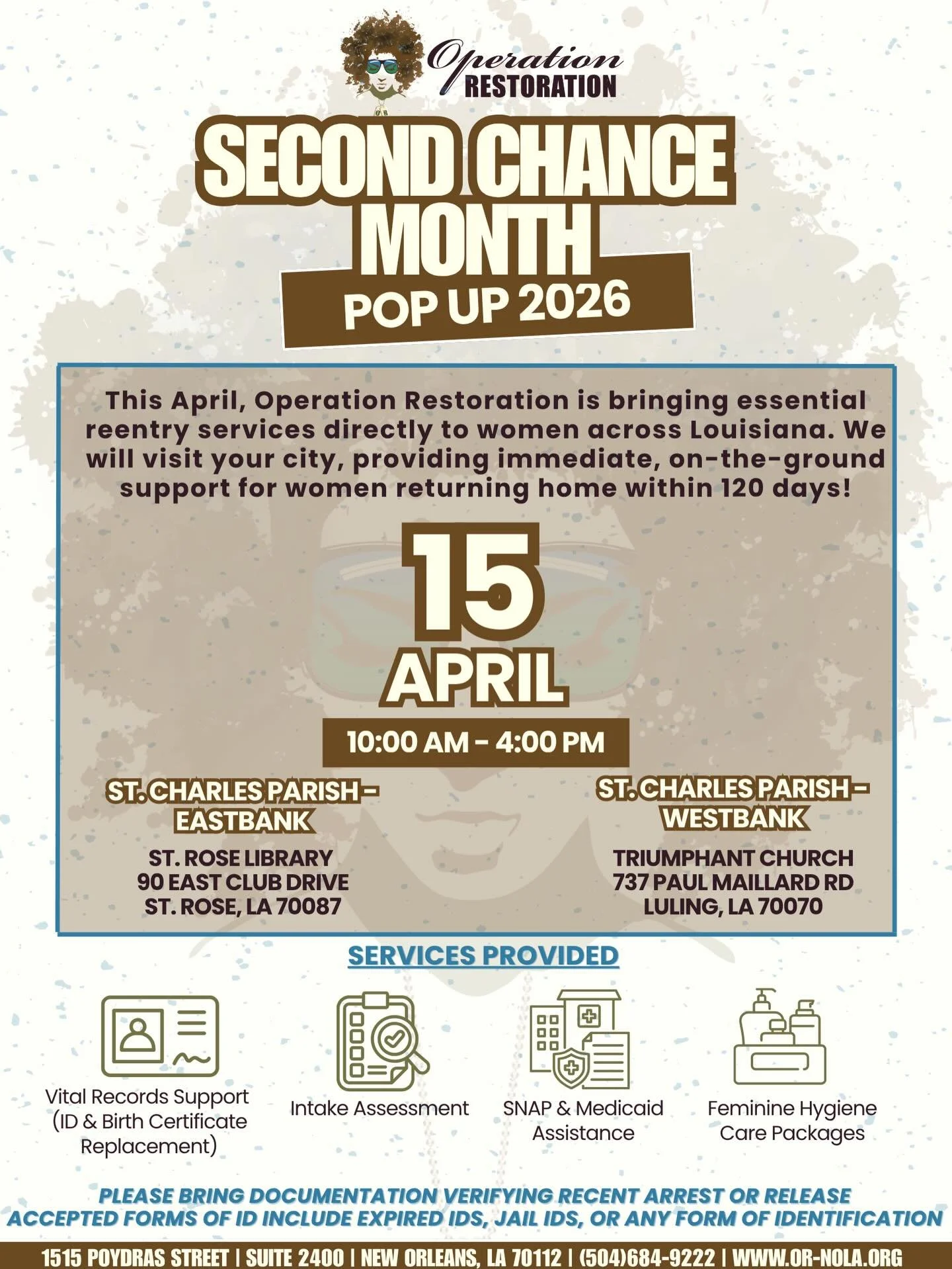 Next parish loading&hellip; 👀⏳
📍 St. Charles Parish

East Bank
St. Rose Library
90 East Club Drive, St. Rose, LA

West Bank
Triumphant Church
737 Paul Maillard Rd, Luling, LA

🗓 April 15
⏰ 10AM &ndash; 4PM

What you can tap into 👇🏽
🧷Free Diaper
