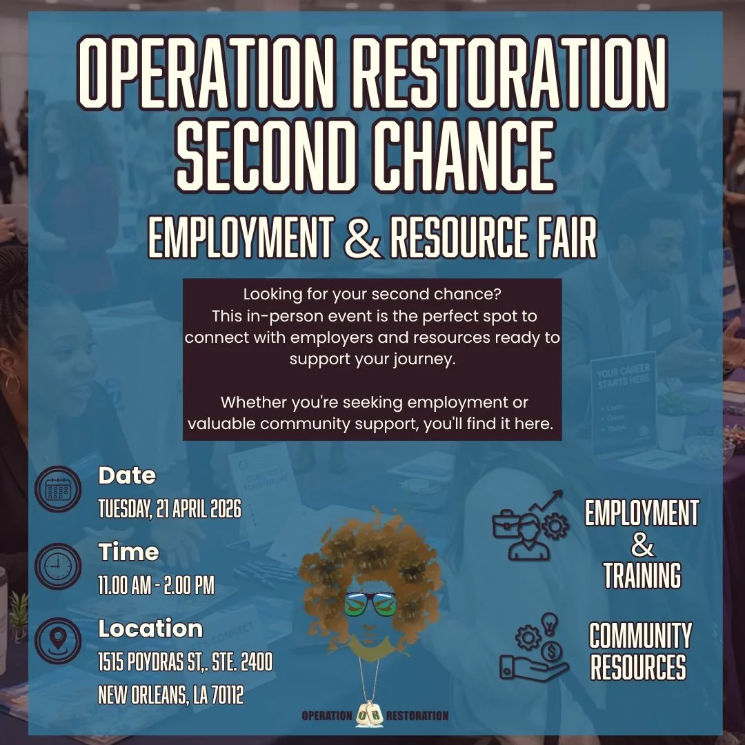 📍 1515 Poydras St., Ste. 2400
🗓 Tuesday, April 21, 2026
⏰ 11 AM &ndash; 2 PM

Come meet employers&hellip; explore training opportunities&hellip; and connect with community resources that have your back.

#SecondChance #OperationRestoration #NewOrle
