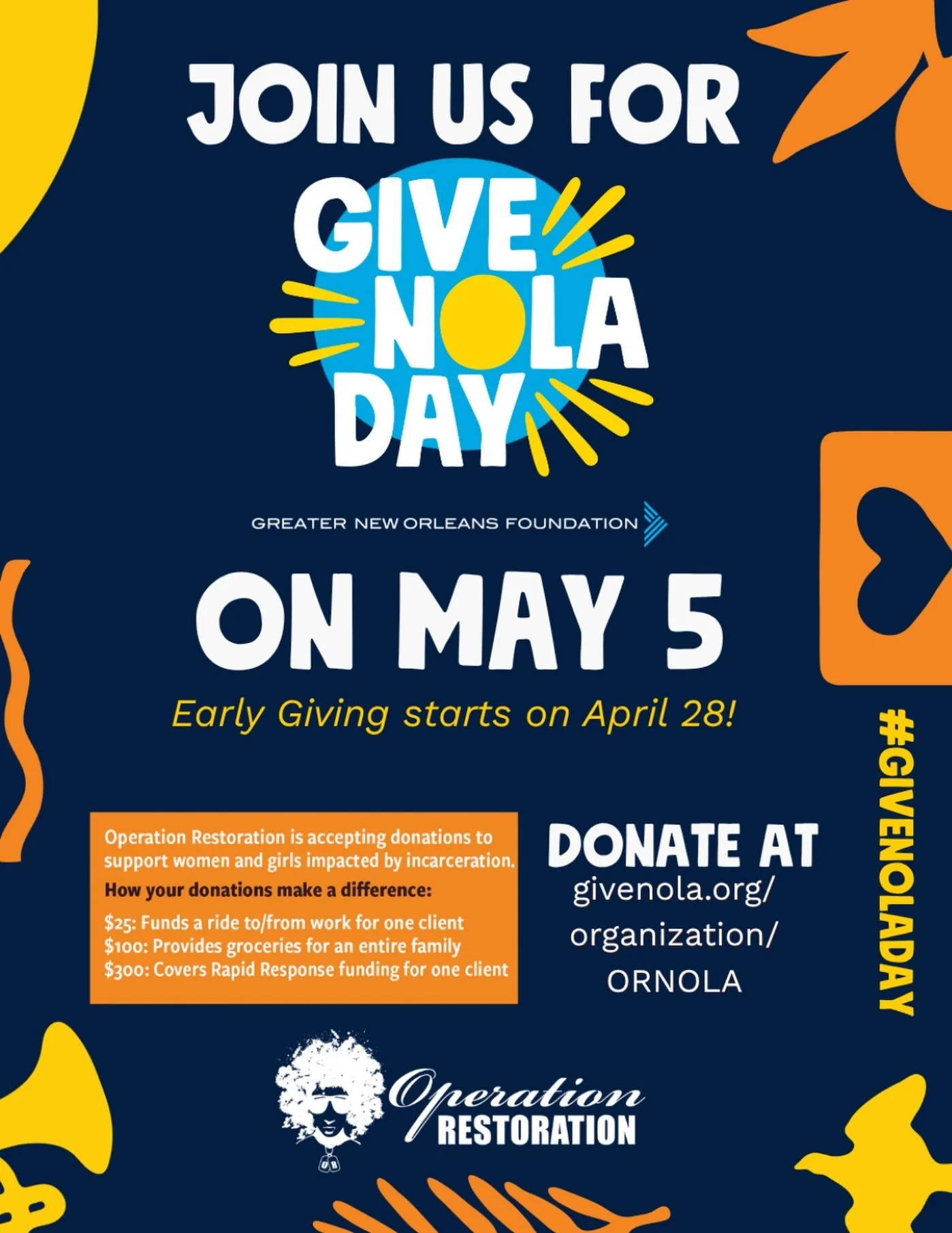 Early giving is LIVE 💙✨LINK IN BIO TO DONATE!

GiveNOLA Day is May 5, but you don&rsquo;t have to wait&hellip; you can start making an impact TODAY!

Your support helps Operation Restoration continue providing critical resources to women and girls i
