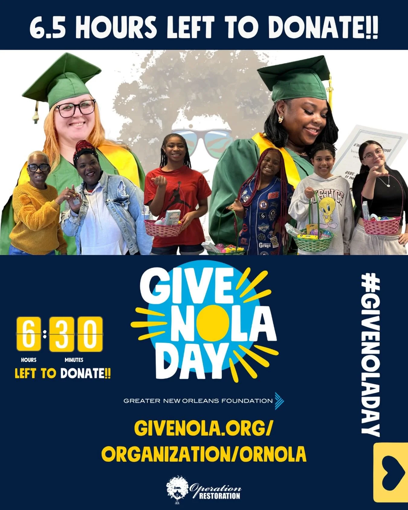 It&rsquo;s crunch time ⏰🔥

We&rsquo;ve got 6.5 hours left to show up and show out for GiveNOLA Day 💙

Every donation. Every share. Every moment counts right now.

Tap in and give:
LINK IN BIO

Let&rsquo;s finish BIG 💫

#GiveNOLADay #FinishStrong #