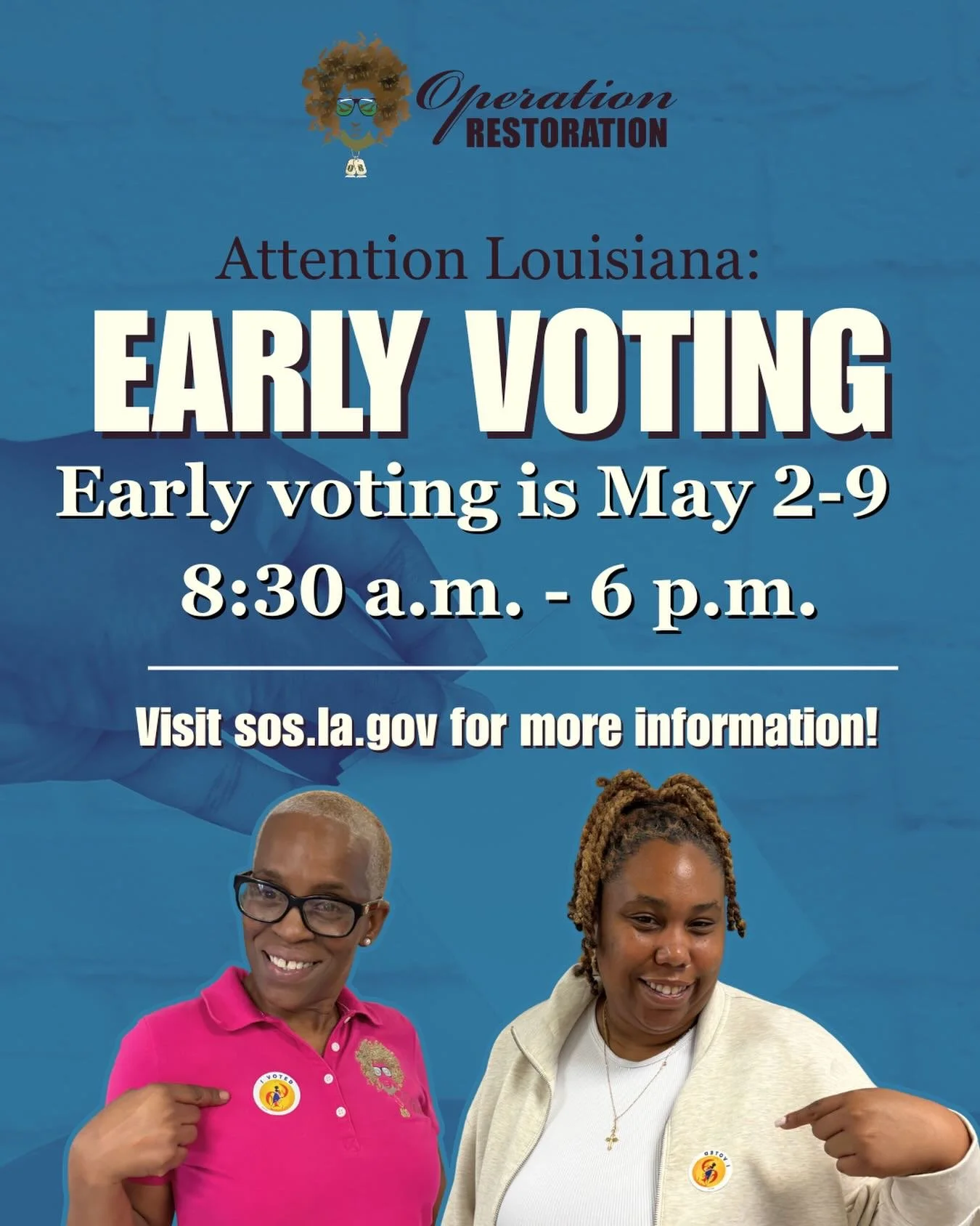 🗳️Early voting is officially underway through May 9 from 8:30 a.m. &ndash; 6 p.m.

Your vote matters&hellip; and every election impacts our communities, our futures, and our voices. 

Make a plan and cast your ballot early! 💙

Visit sos.la.gov for 