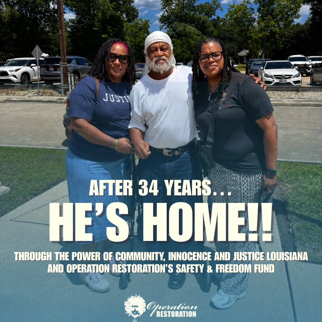 HOME AFTER 34 YEARS! 

Today, Operation Restoration&rsquo;s Safety and Freedom Fund, alongside Innocence and Justice Louisiana, helped bring Keith Ezidore home after more than three decades behind bars.

Through the power of community, we posted a $1