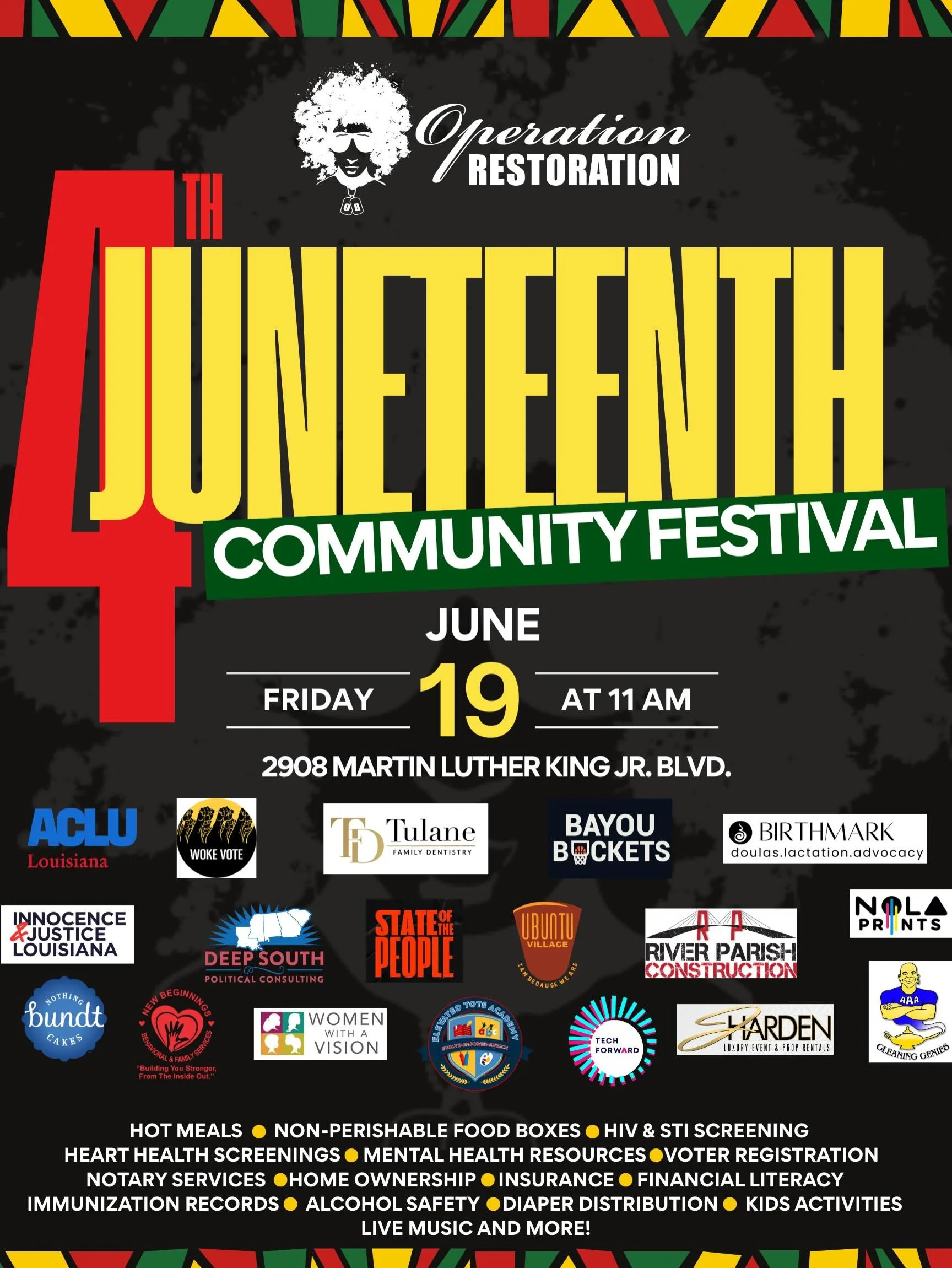 🎉 SAVE THE DATE! 🎉

Join us for Operation Restoration&rsquo;s 4th Annual Juneteenth Community Festival as we celebrate freedom, culture, community, and connection! ❤️🖤💚

Come out for:
🍽️ Free food &amp; hot meals
🎶 Live music &amp; entertainmen