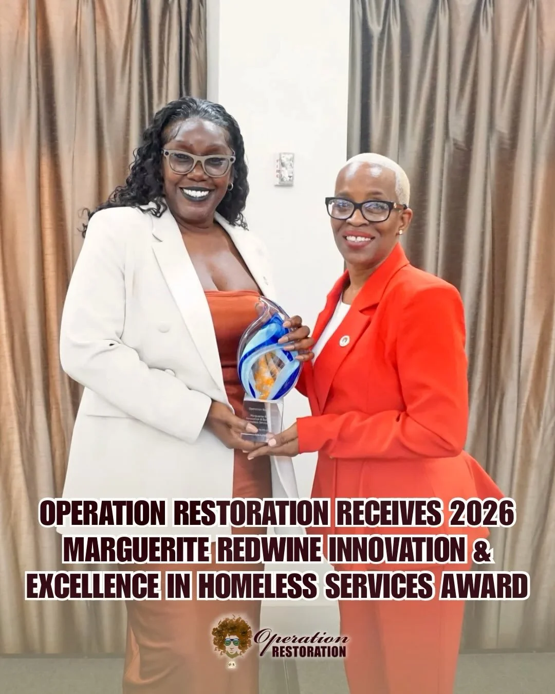 We&rsquo;re honored to receive the 2026 Marguerite Redwine Innovation &amp; Excellence in Homeless Services Award. 💜

At Operation Restoration, we know that housing, stability, and opportunity are deeply connected. Every day, we work alongside women