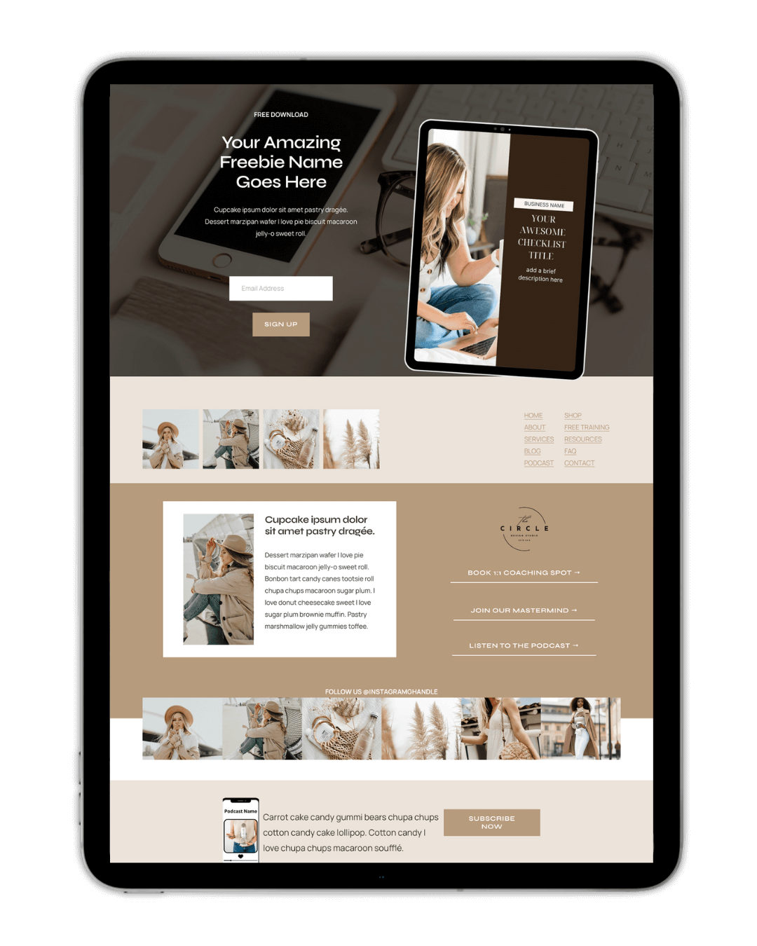 Tablet displaying a webpage template with sections for a free download, images, text content, and links. Includes placeholders for a freebie name, business name, checklist title, various blog and podcast sections, and related images.