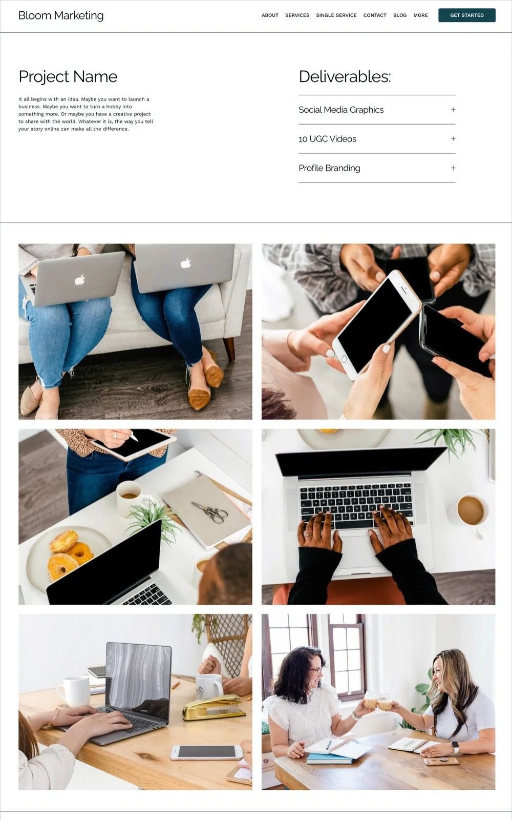 Marketing website with project details and deliverables, including social media graphics and videos. Images show people using laptops and smartphones, working at desks with coffee and pastries, and meeting at tables.