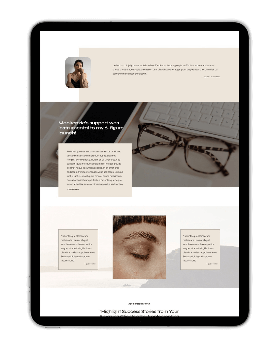 Tablet screen featuring a testimonial webpage layout with a photo of eyeglasses on a keyboard, quotes, and a close-up of an eyebrow with glitter. Includes text about support for a business launch.